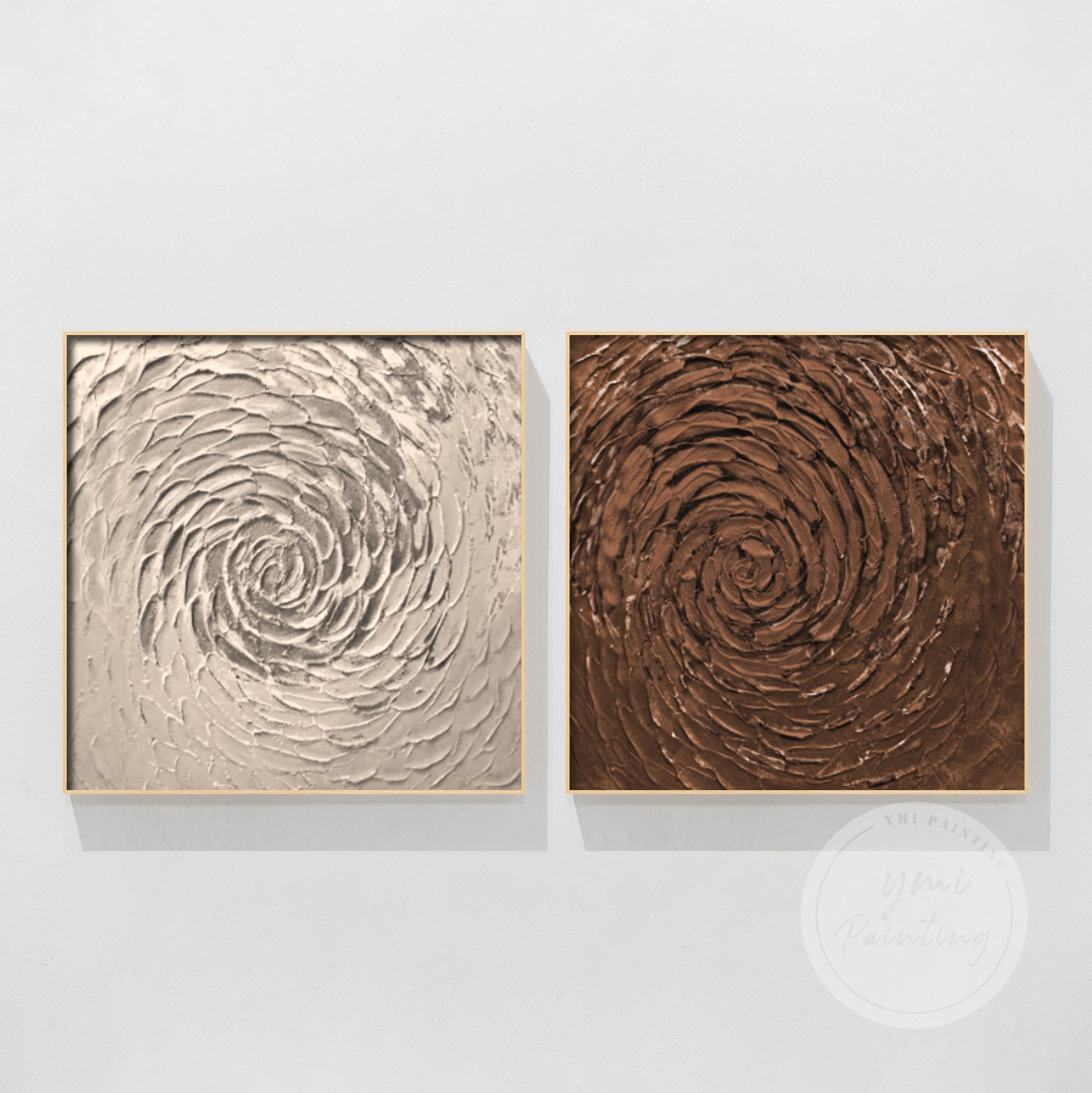 Two square abstract paintings featuring spirals in brown and bronze in wood color frame.