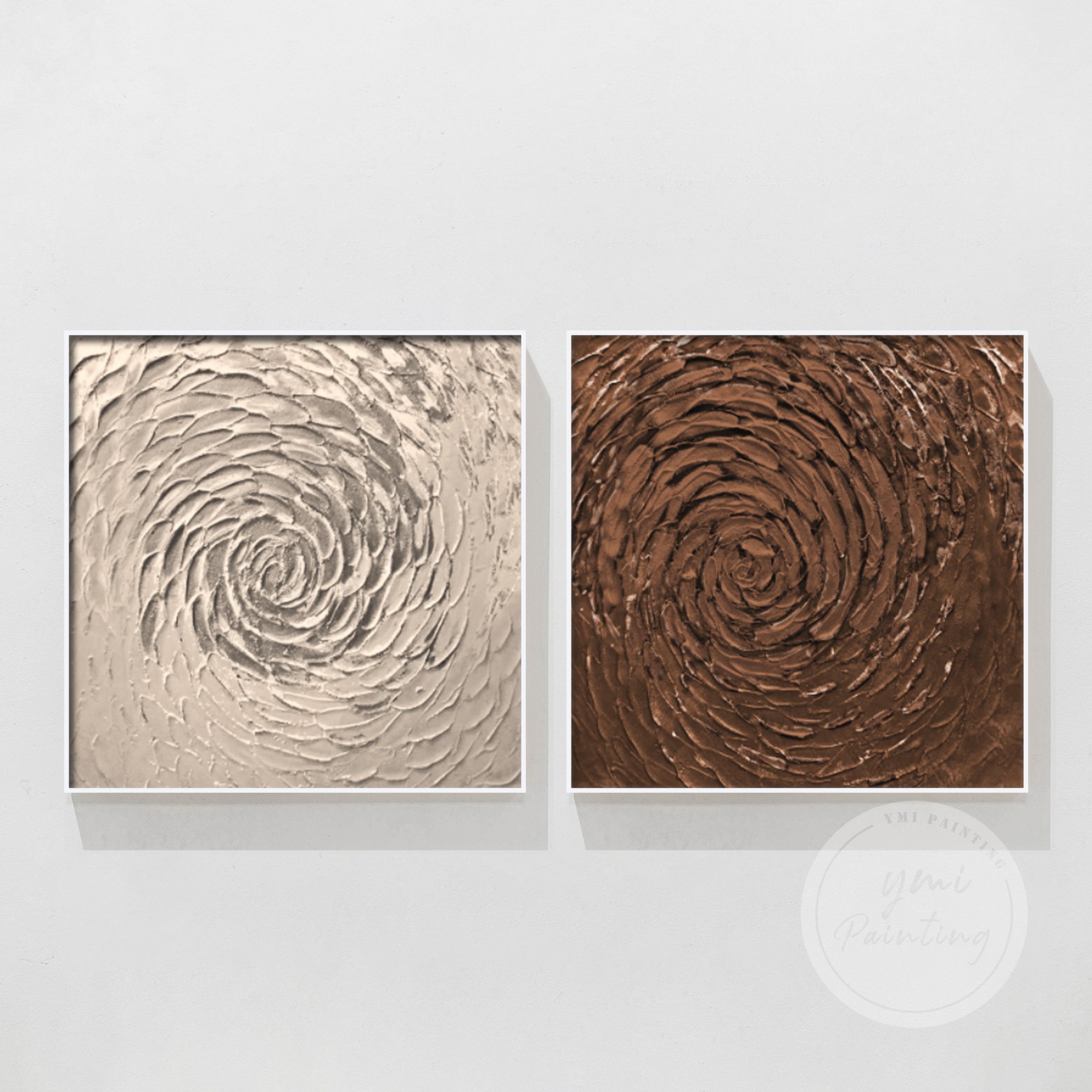 Two square abstract paintings featuring spirals in brown and bronze in white frame.