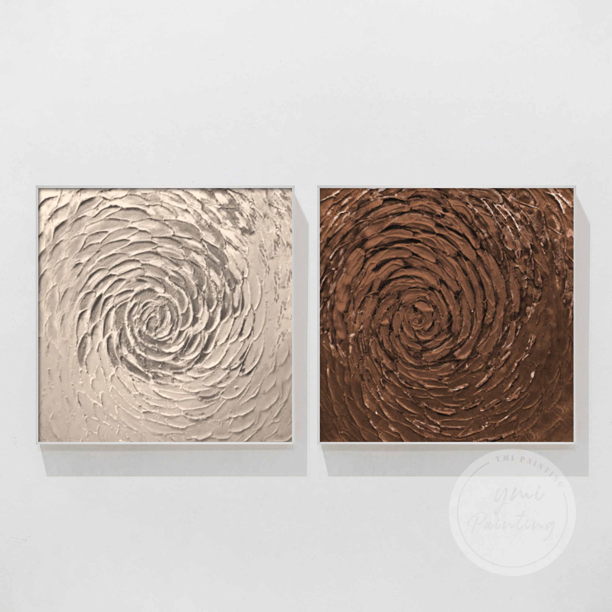 Minimalist spiral texture paintings in brown and bronze tones, elegant design in silver frame.
