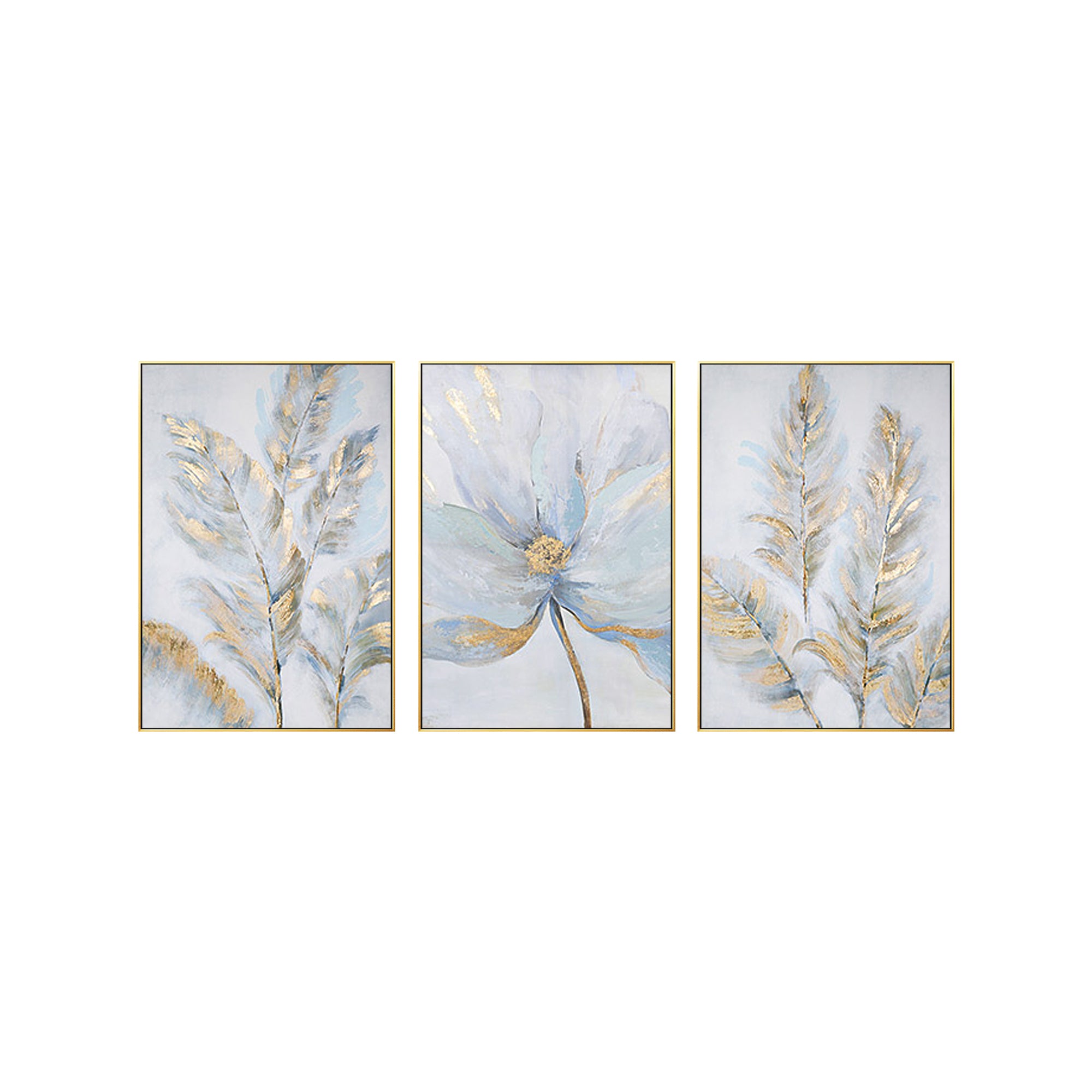 3-panel modern art with gold and silver leaf detailing in a gold frame.