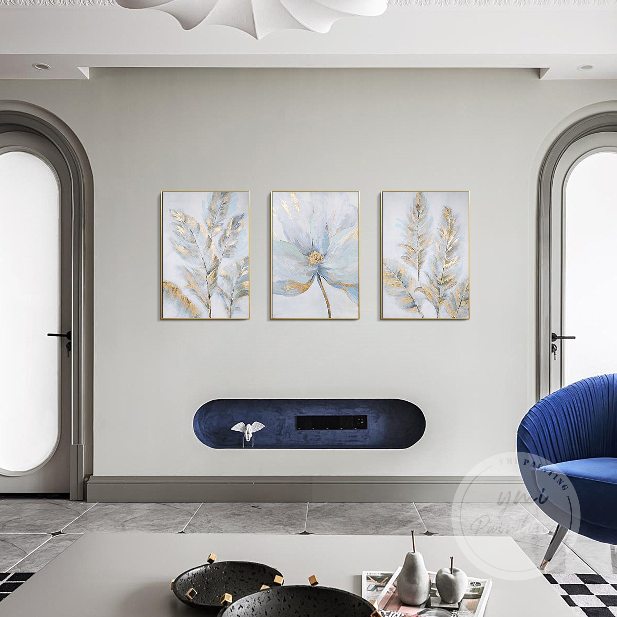 Modern floral design with light blue flowers and gold leaf highlights decor a living room background wall