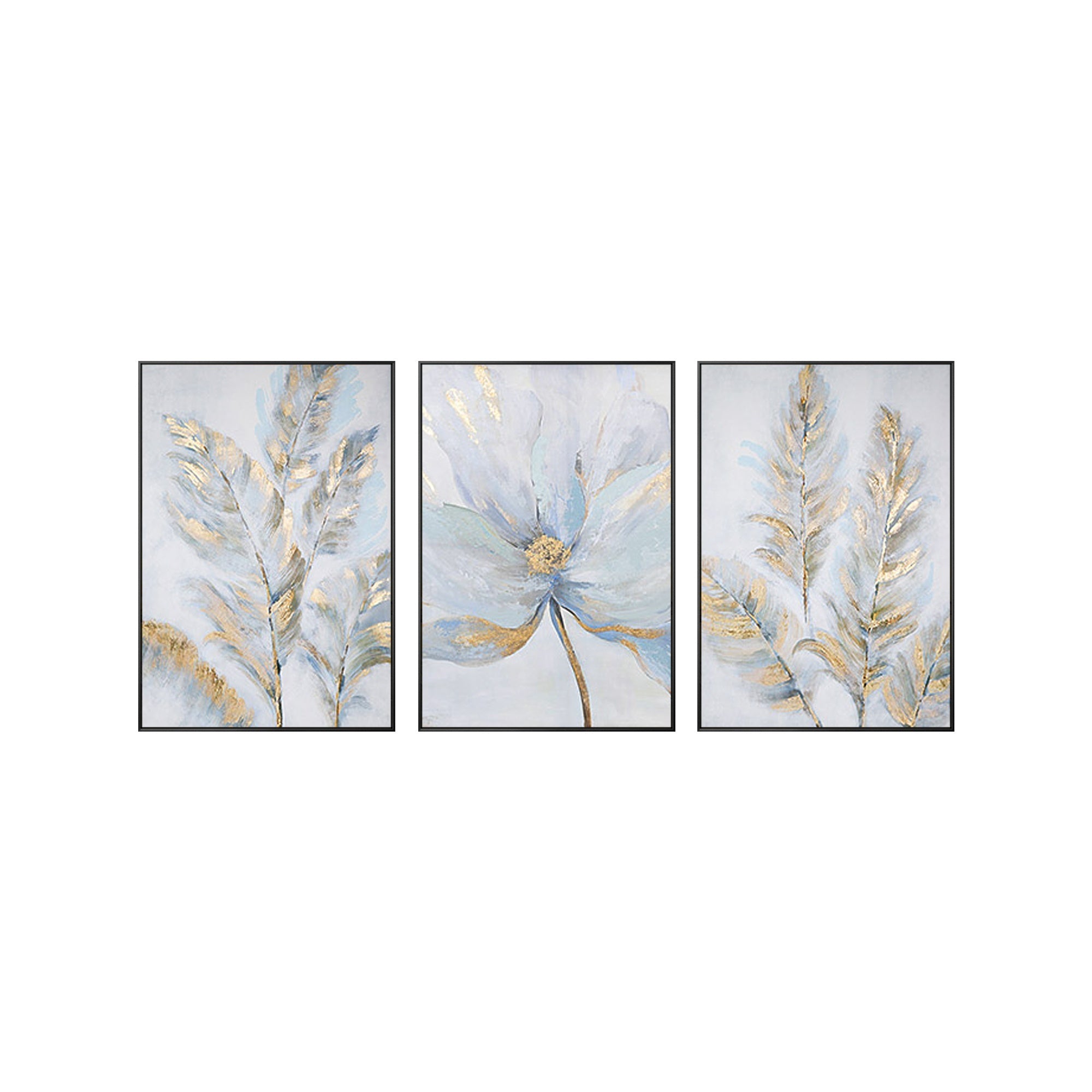 3-panel modern art with gold and silver leaf detailing in a black frame.