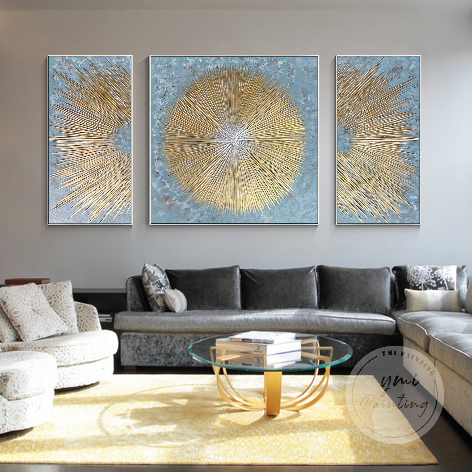 Elegant abstract framed wall art with fluid brushstrokes in shades of blue and gold, perfect for creating a sophisticated, modern atmosphere in any room.
