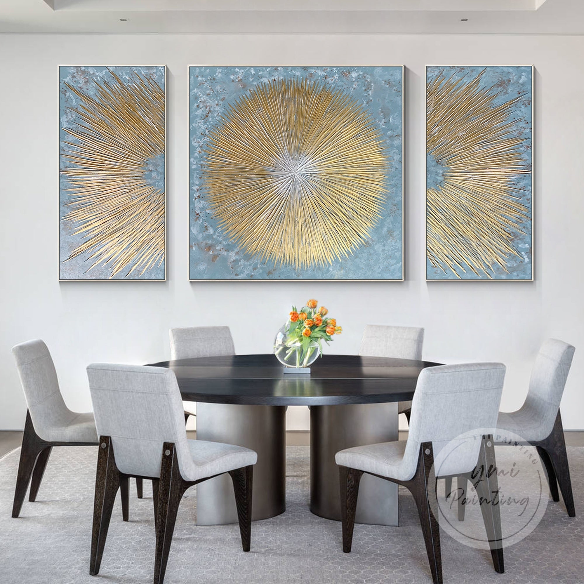 Bold, large abstract painting with dynamic blue and gold hues, adding a striking, contemporary touch to your living space or office.