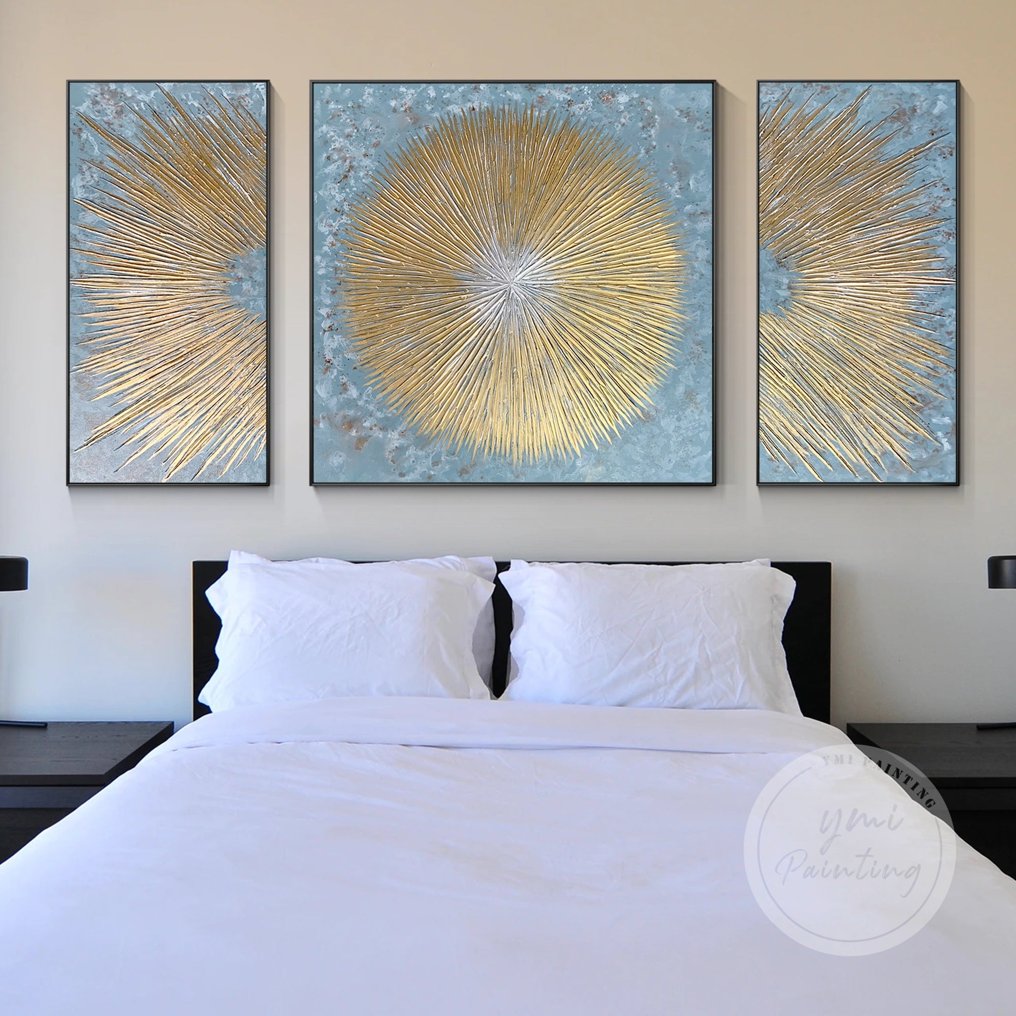 Extra-large wall art in soothing shades of blue and gold, offering a commanding, elegant presence in modern interiors and open spaces.