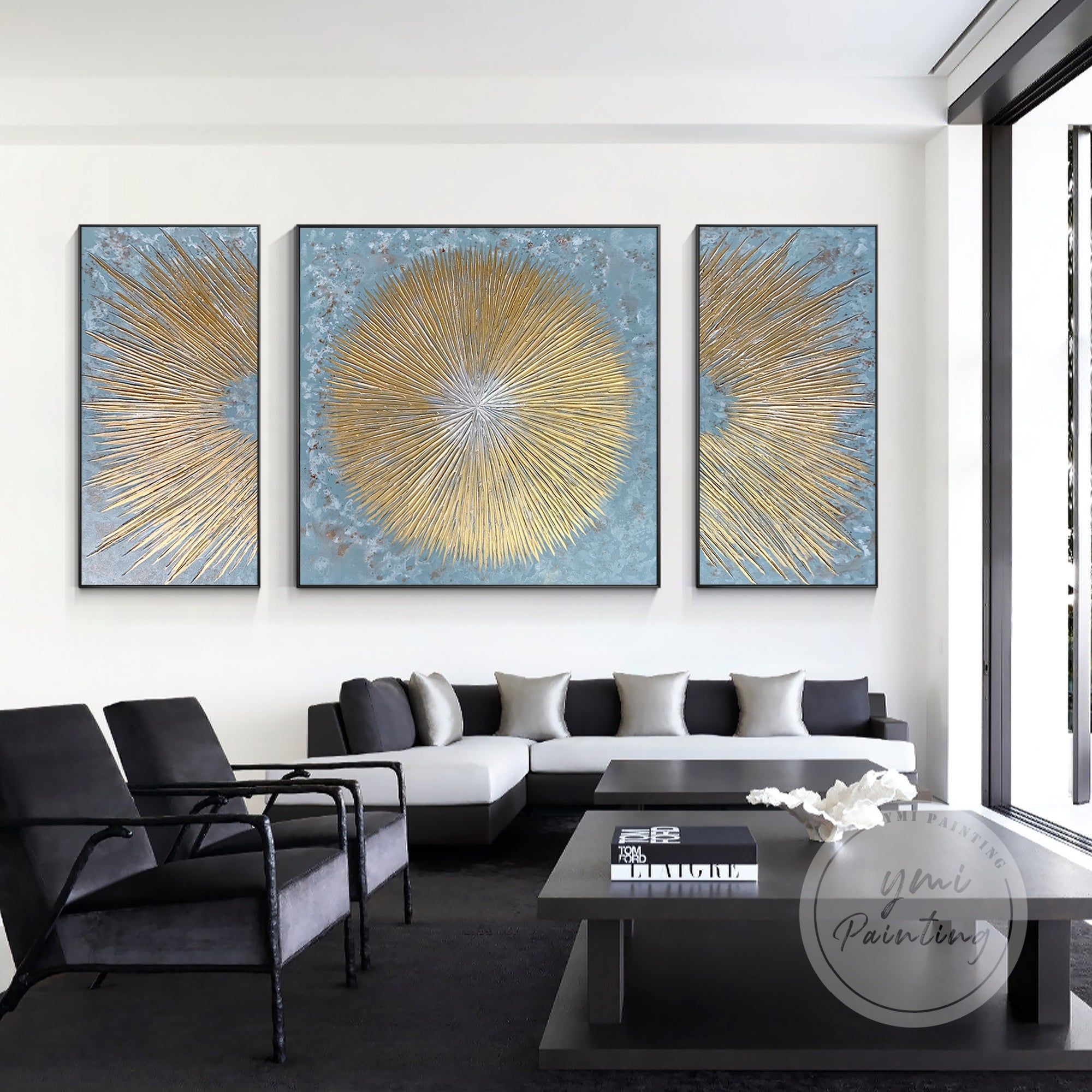 Abstract canvas painting with a serene blend of blue and gold tones, bringing calm and sophistication to your home decor.