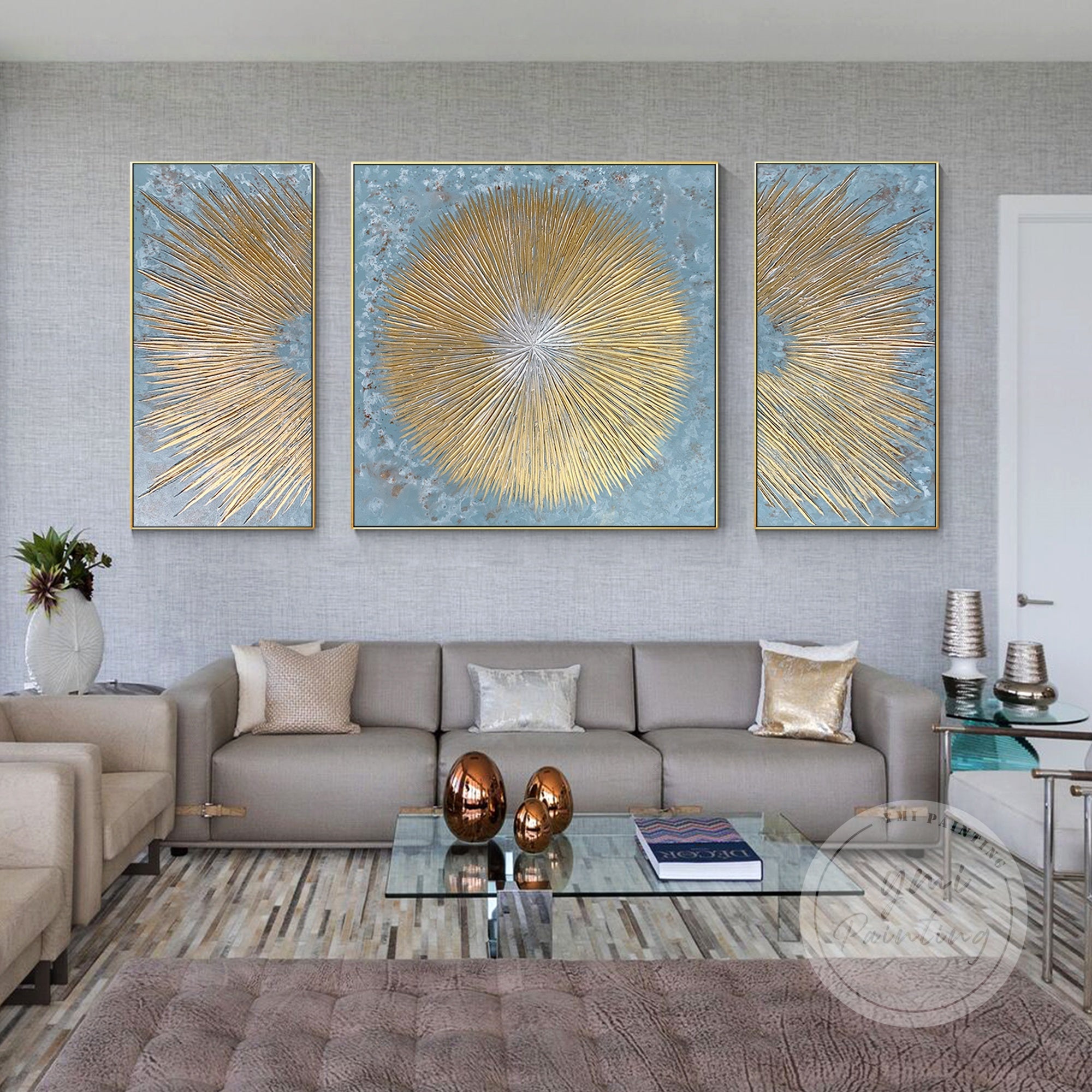 Hand-painted original abstract artwork, showcasing rich textures and blue-gold contrasts, ideal for modern art lovers seeking uniqueness.