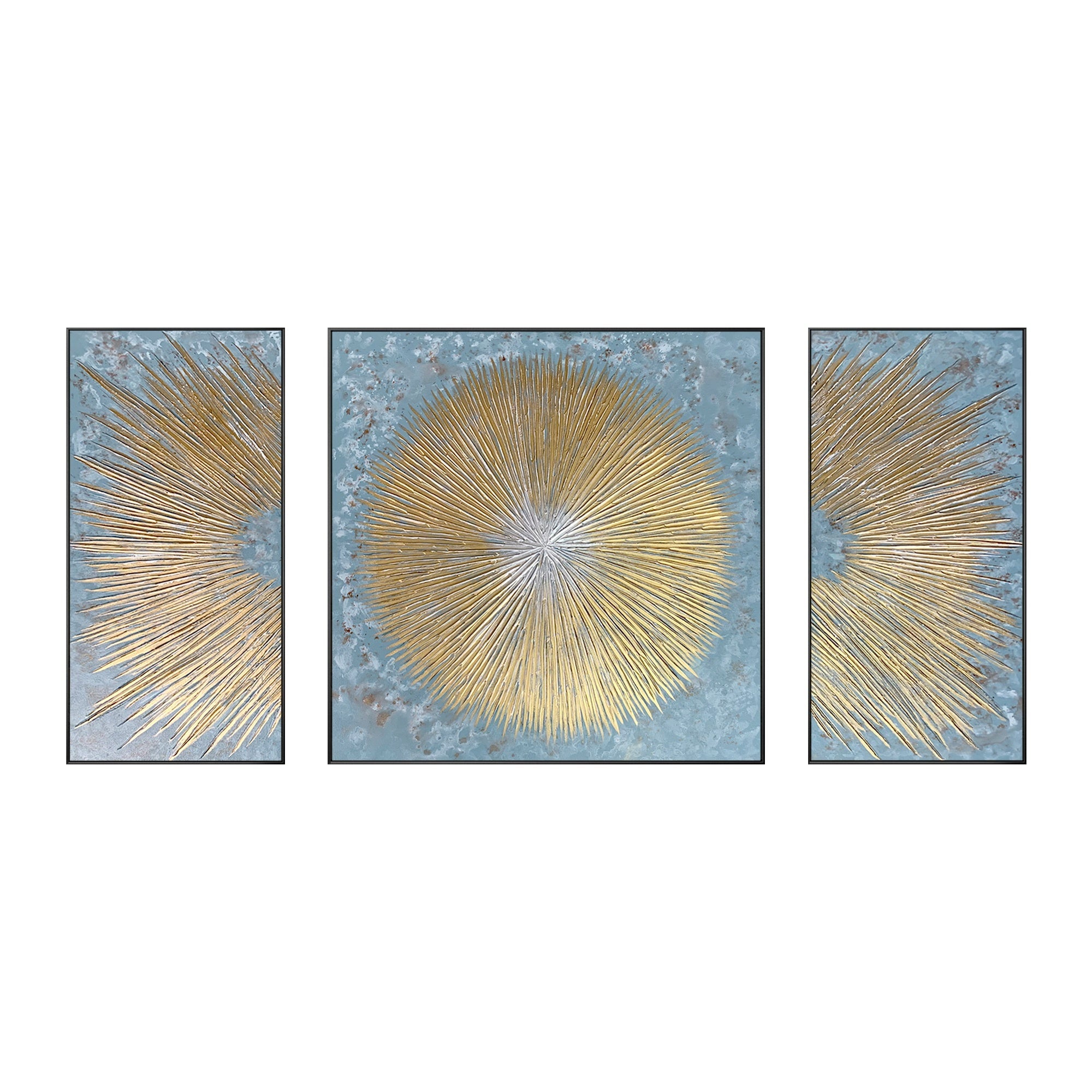 Contemporary triptych painting with gold leaf and blue-grey color contrast in a black frame