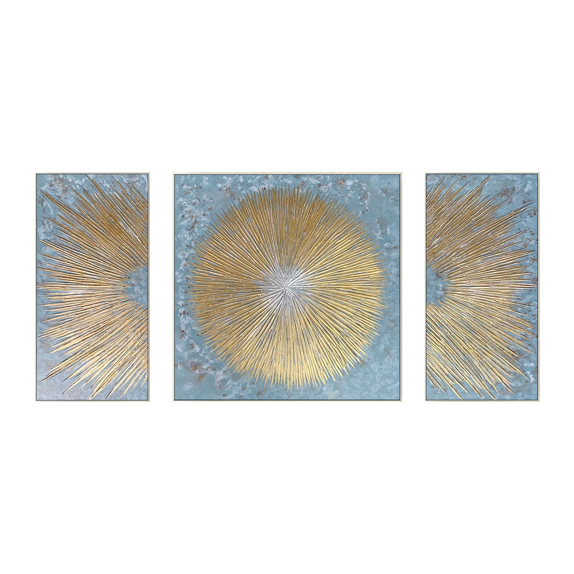 Dynamic blue and gold triptych with gold leaf circles and grey textured accents in a silver frame