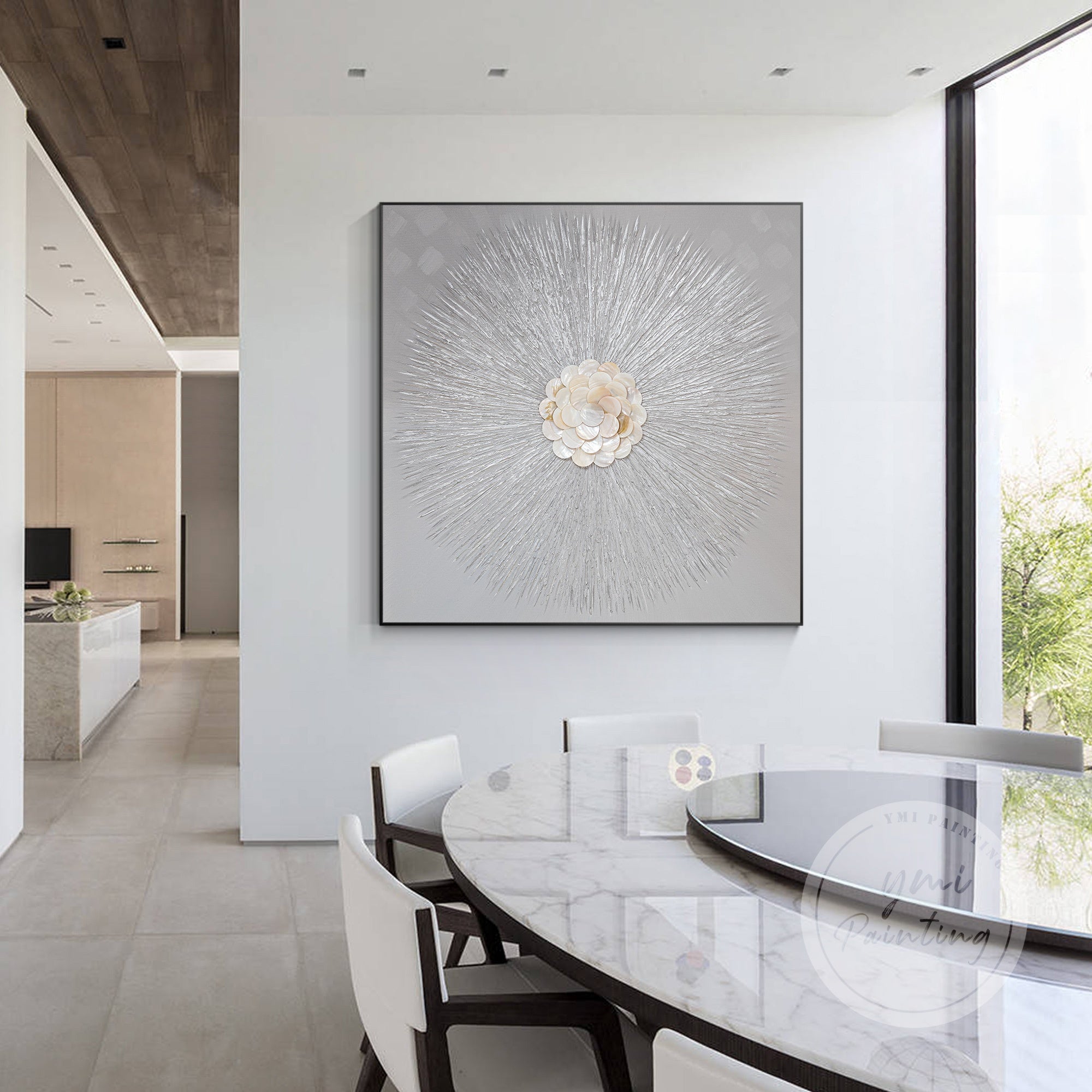 Minimalist gray 3D texture art with gold Capiz shells, perfect for modern home décor and adding a touch of elegance.