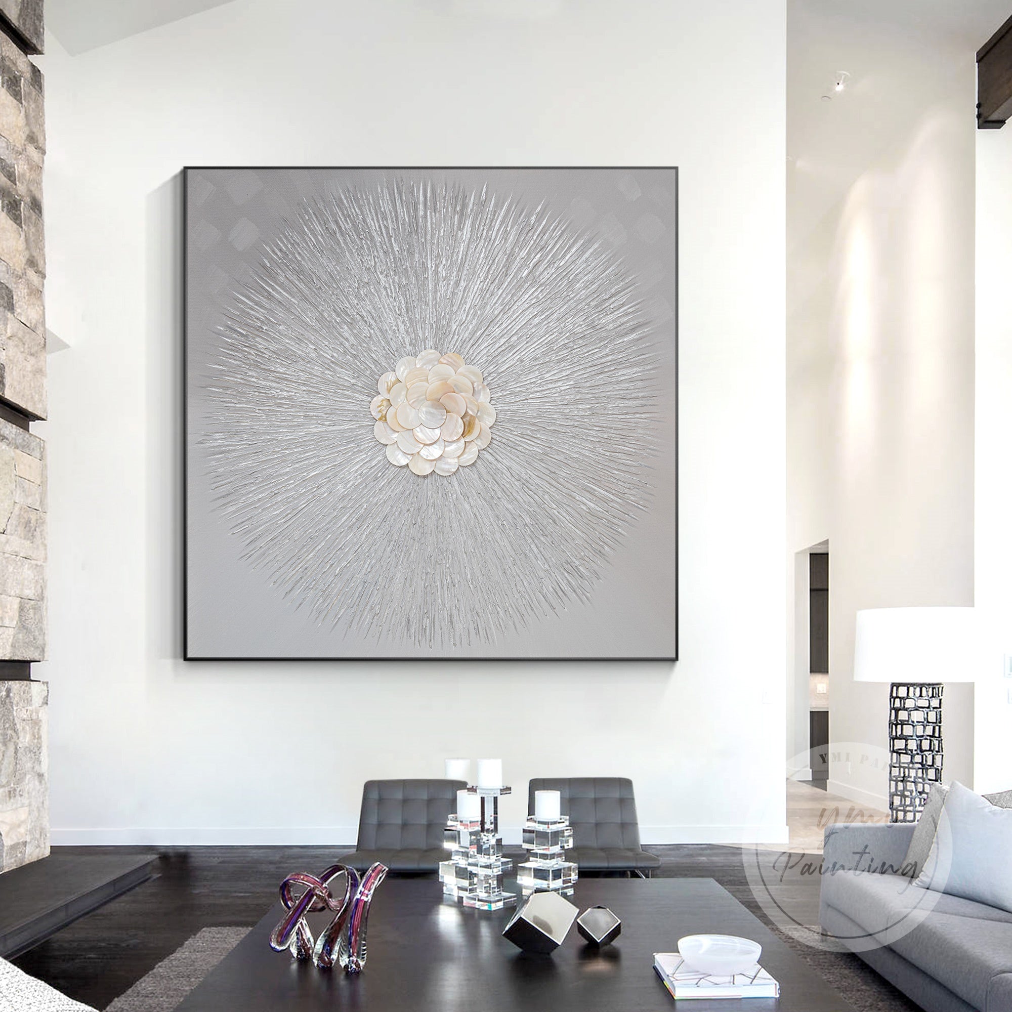 Handcrafted Capiz shell wall art with a sleek gray textured background, creating a sophisticated and calming effect in any space.