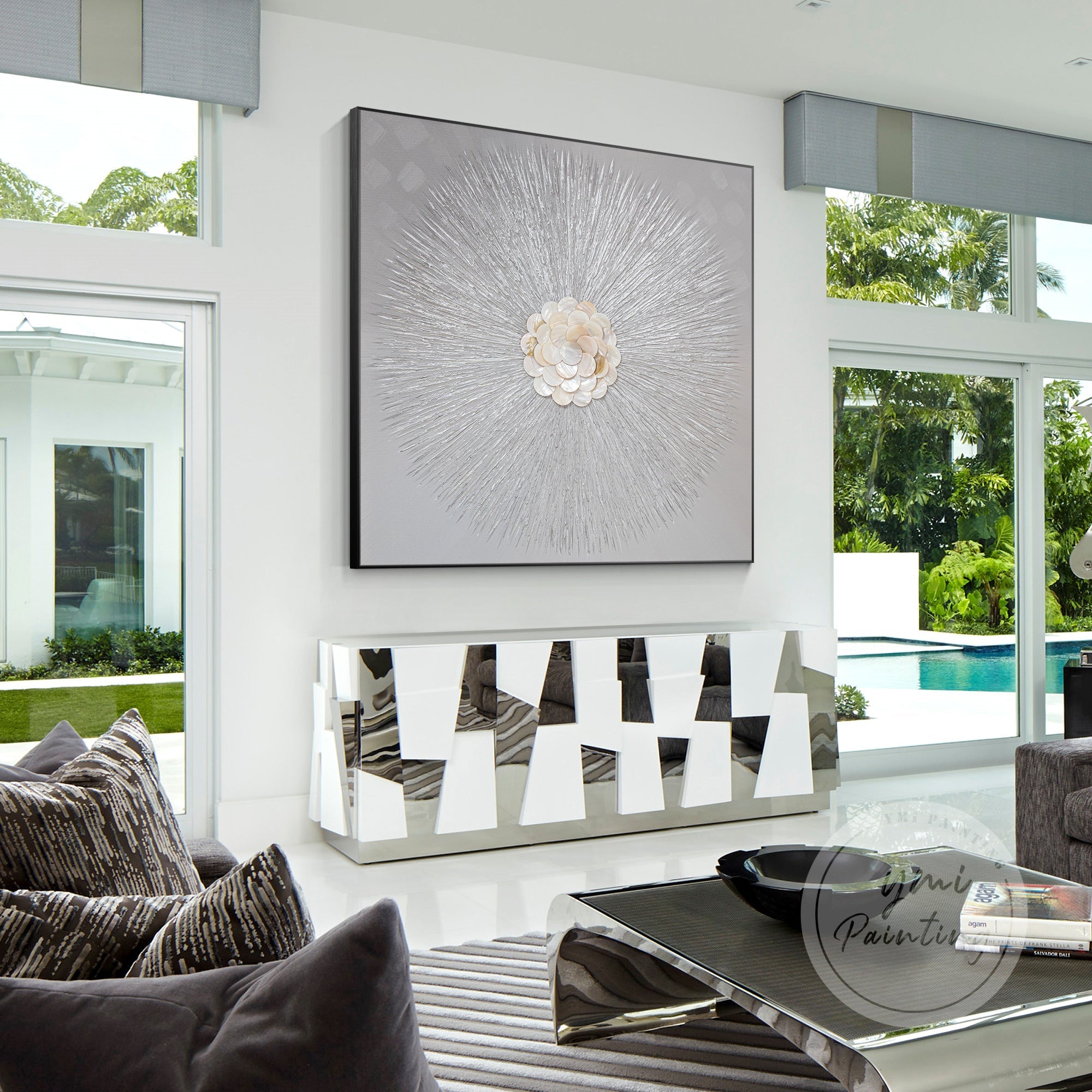 Elegant gold Capiz shells arranged on a minimalist gray 3D textured canvas, ideal for enhancing your living room or office décor.