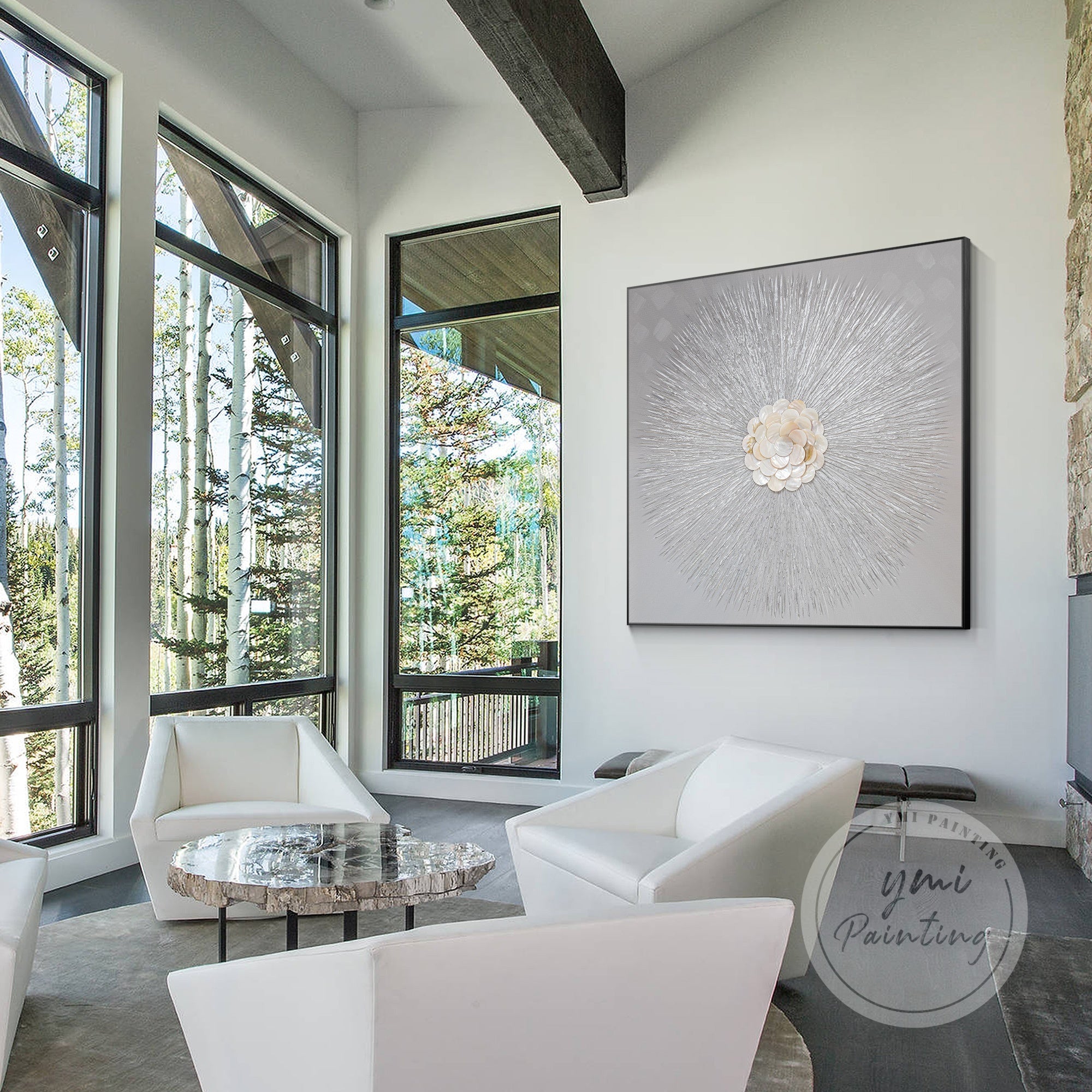 Original 3D textured artwork with a modern minimalist design featuring gold Capiz shells, perfect for those who appreciate subtle luxury.