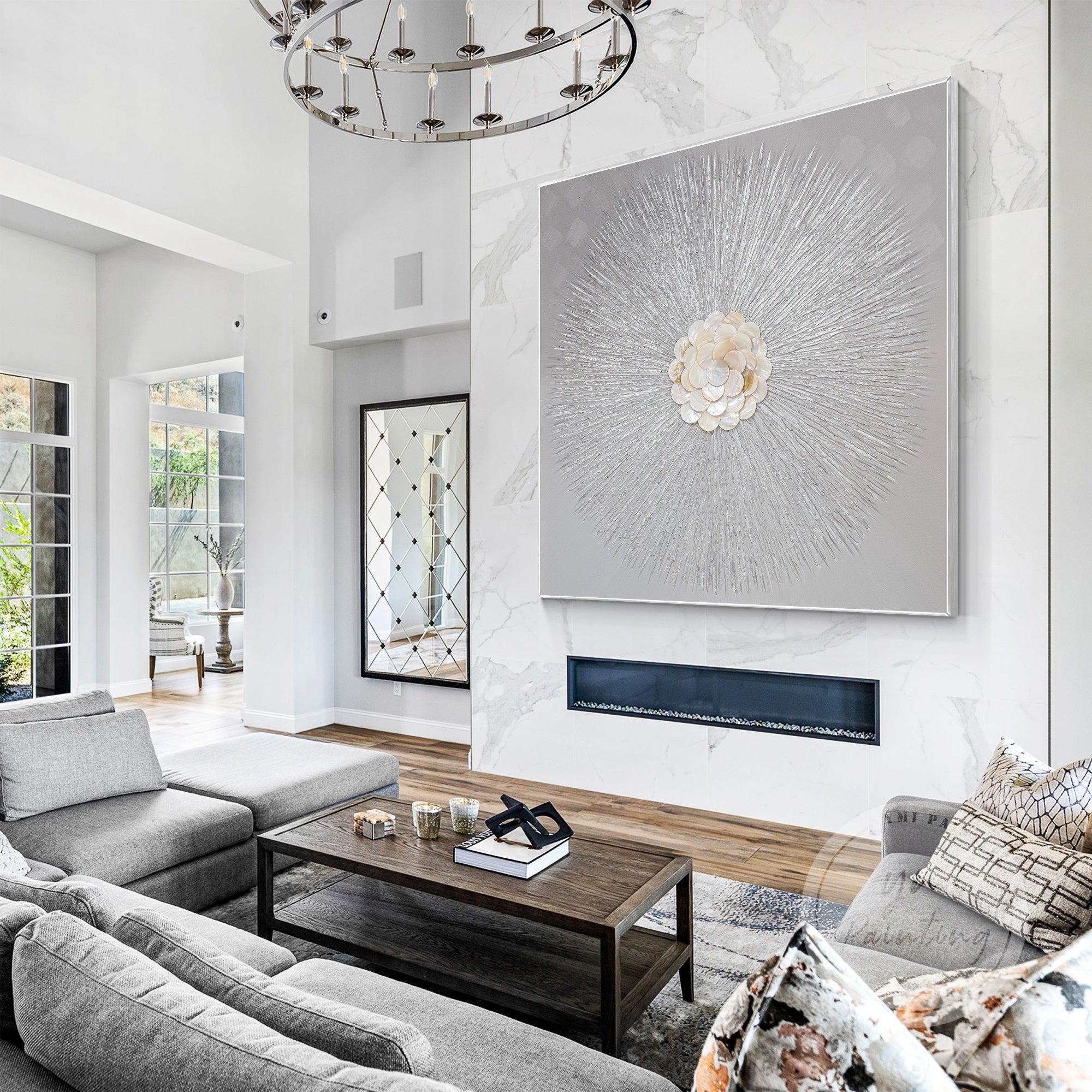 Unique handcrafted texture art with minimalist gray tones and shimmering gold Capiz shells, designed to add depth and warmth to your home.