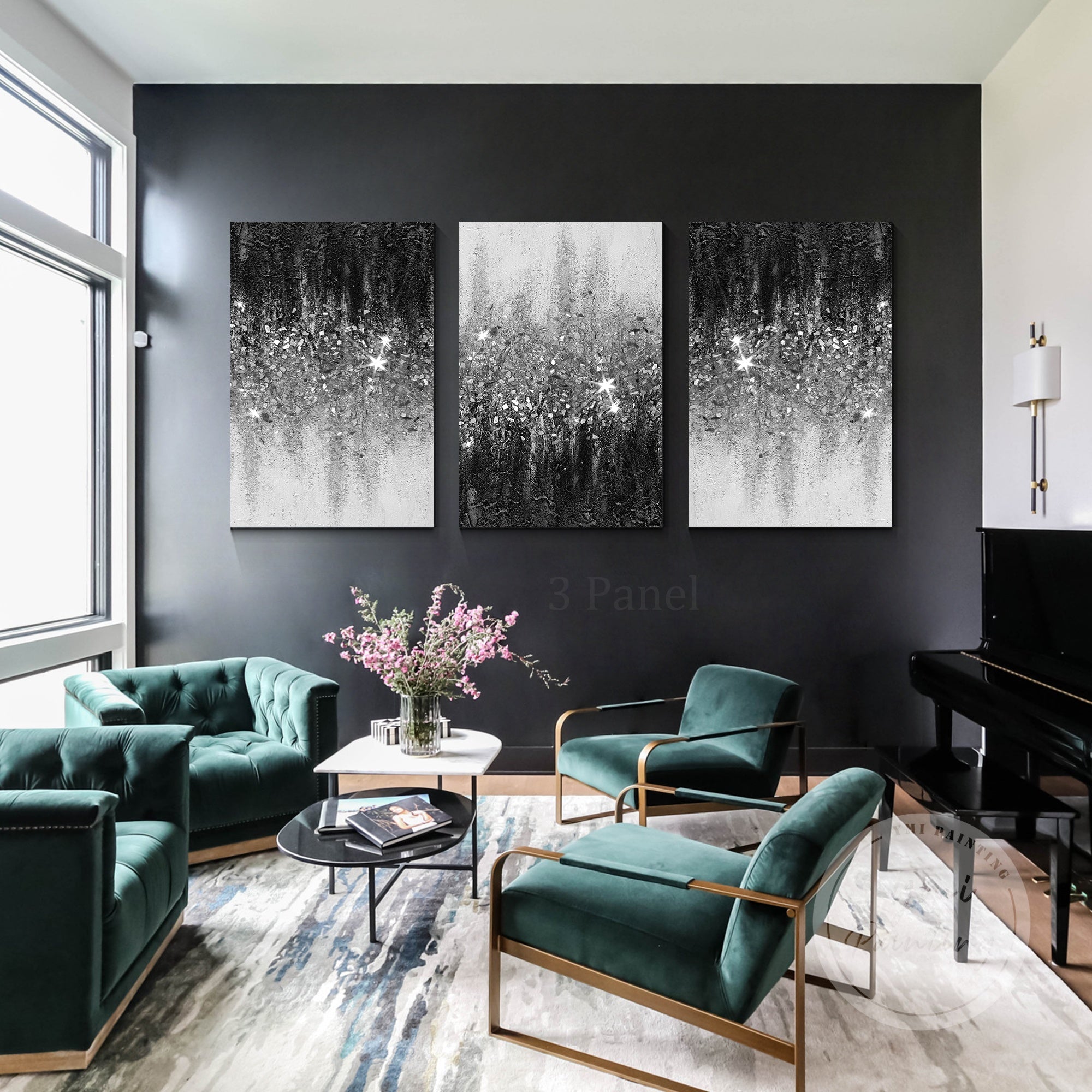 Triptych of black and white abstract designs with crushed glass sparkle as a luxury wall hangings.