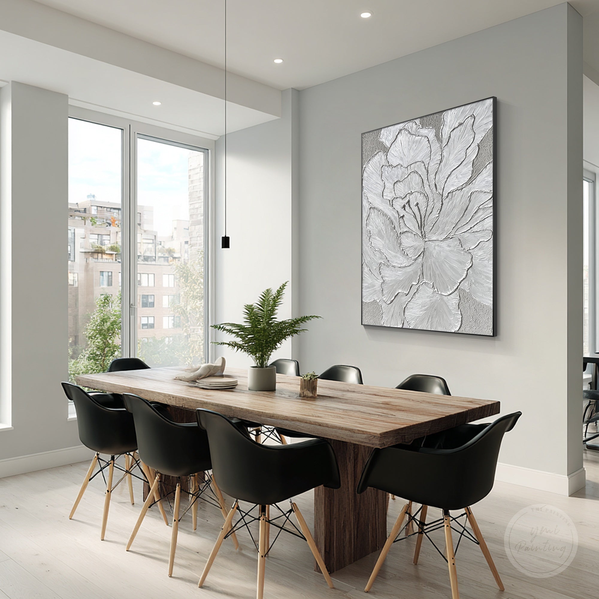 Luxury 3D floral relief painting in silver tone