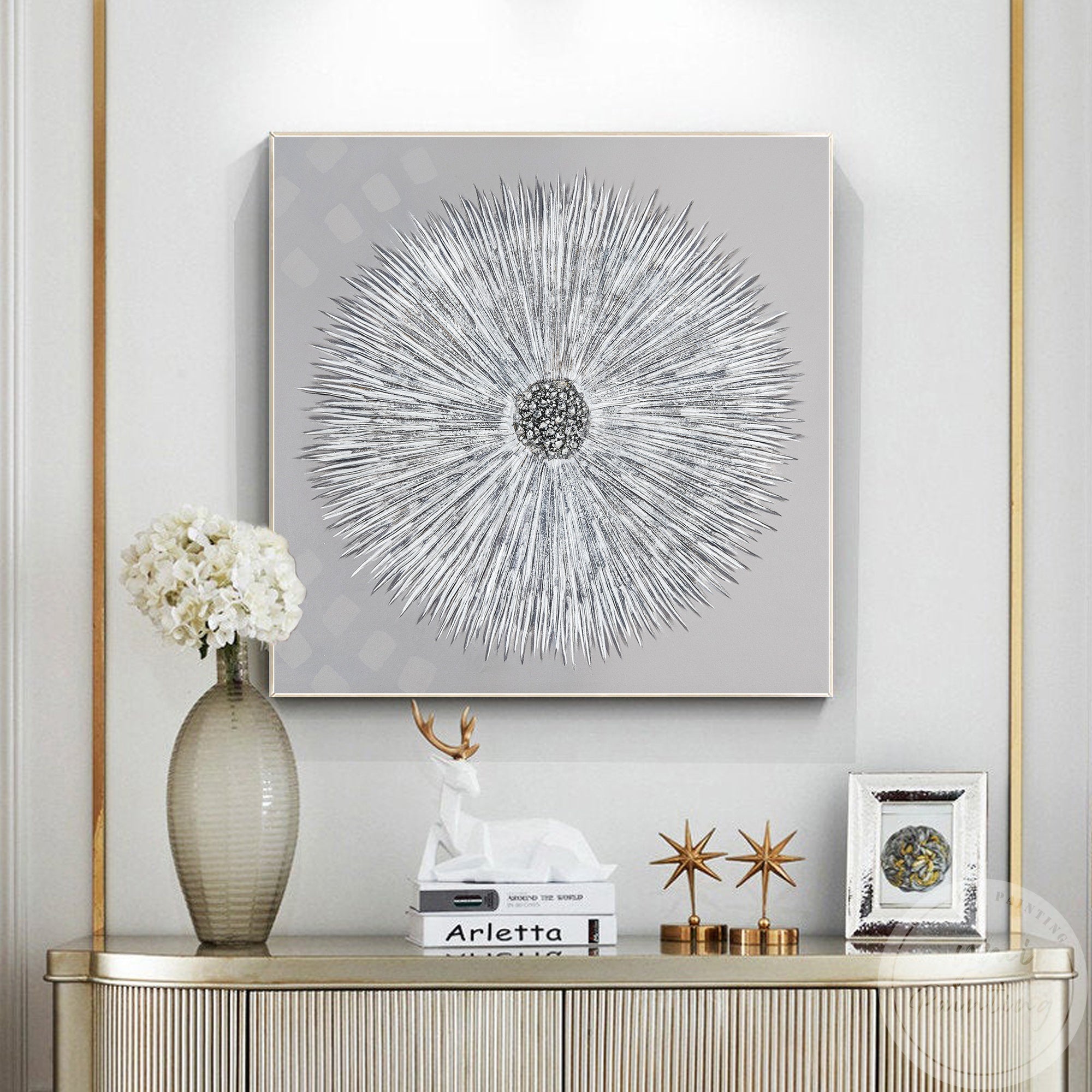 Silver dandelion painting with crystals on gray canvas