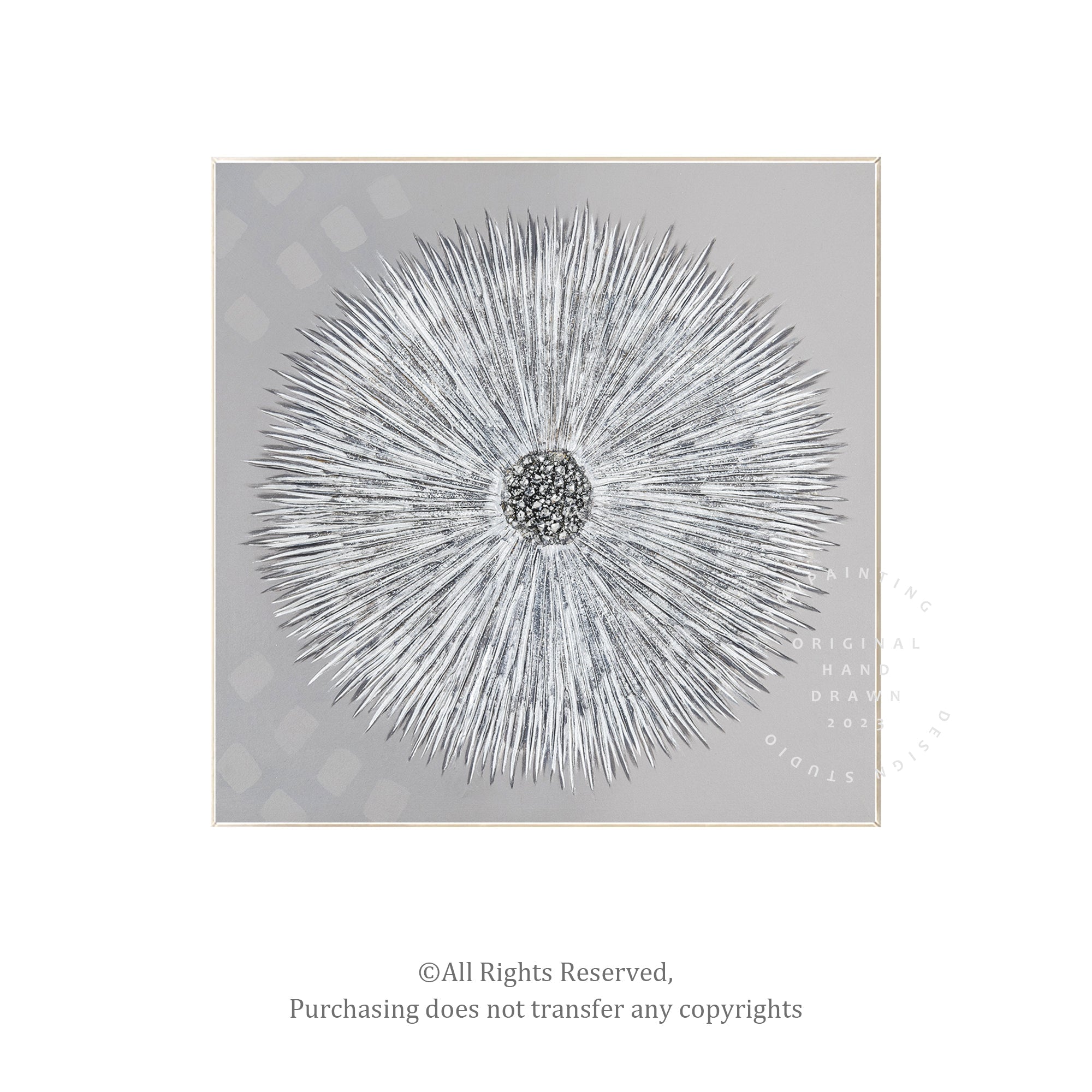 Silver Dandelion with Crystals – Abstract Modern Floral Wall Art in silver frame