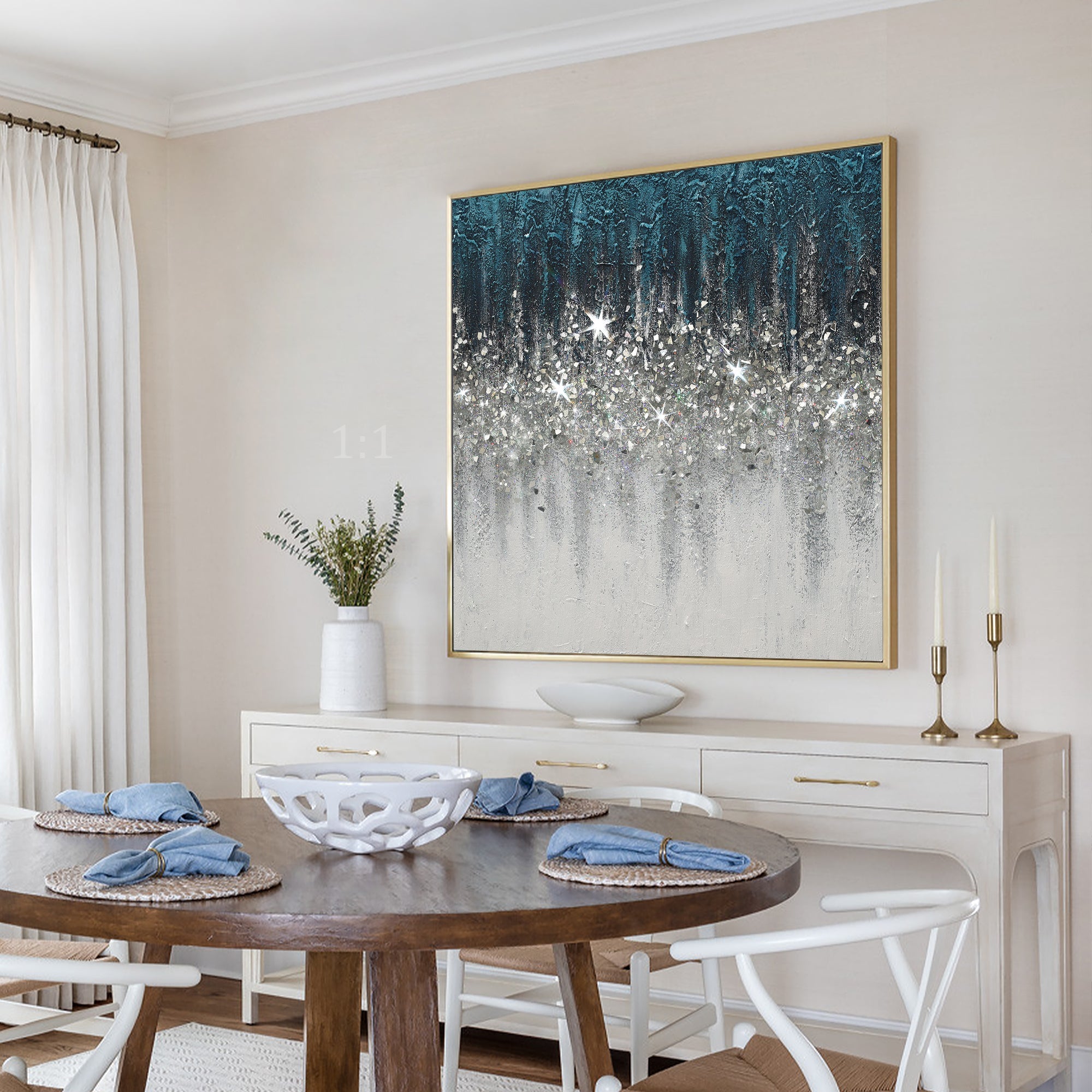 Crushed glass wall art with silver glitter as color transition