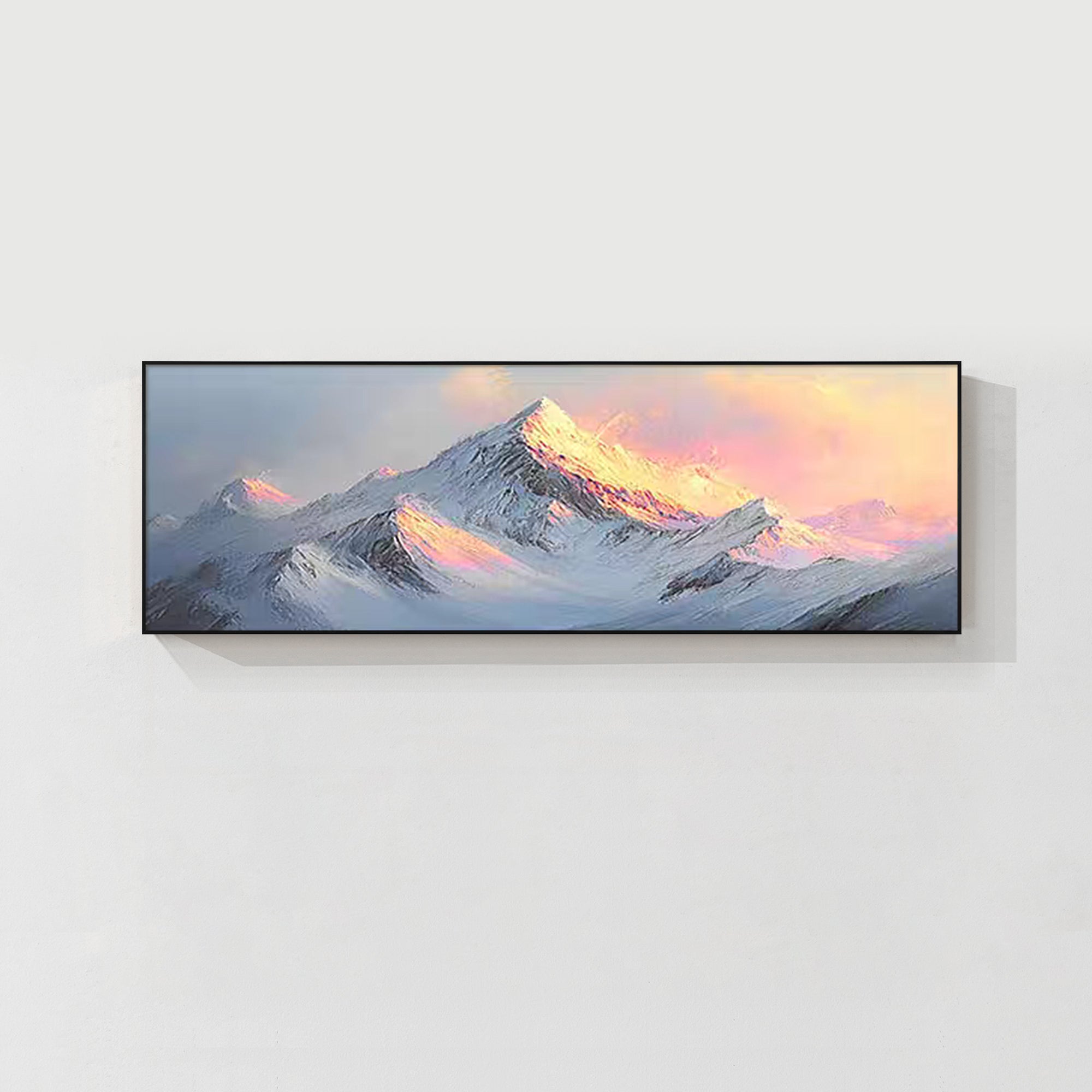 Sunrise snow mountain wall art displayed in a modern living room, elegant gift for art lovers