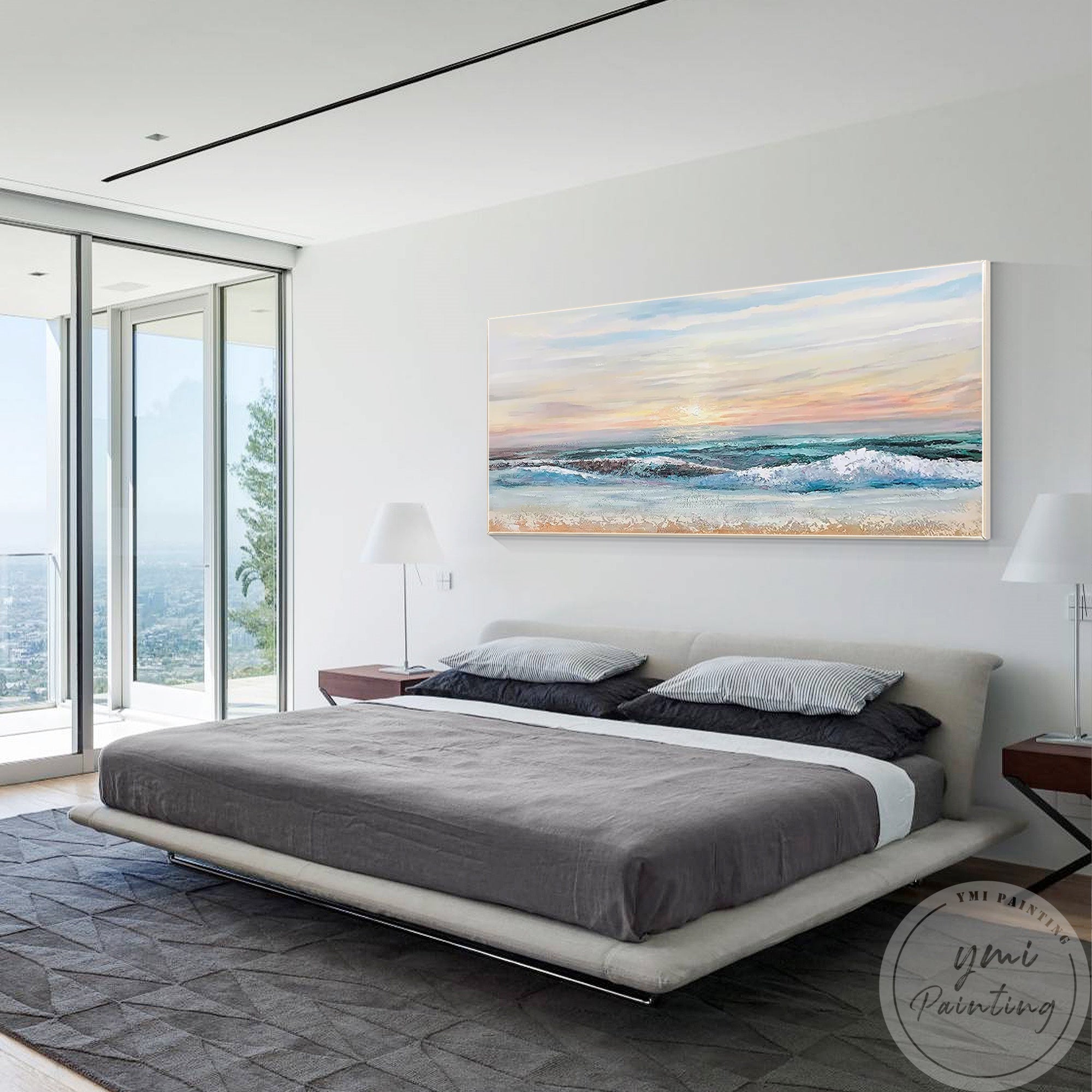 This soft beach scene captures the serenity of sunset and gentle waves, making it a perfect choice for different interior designs.
