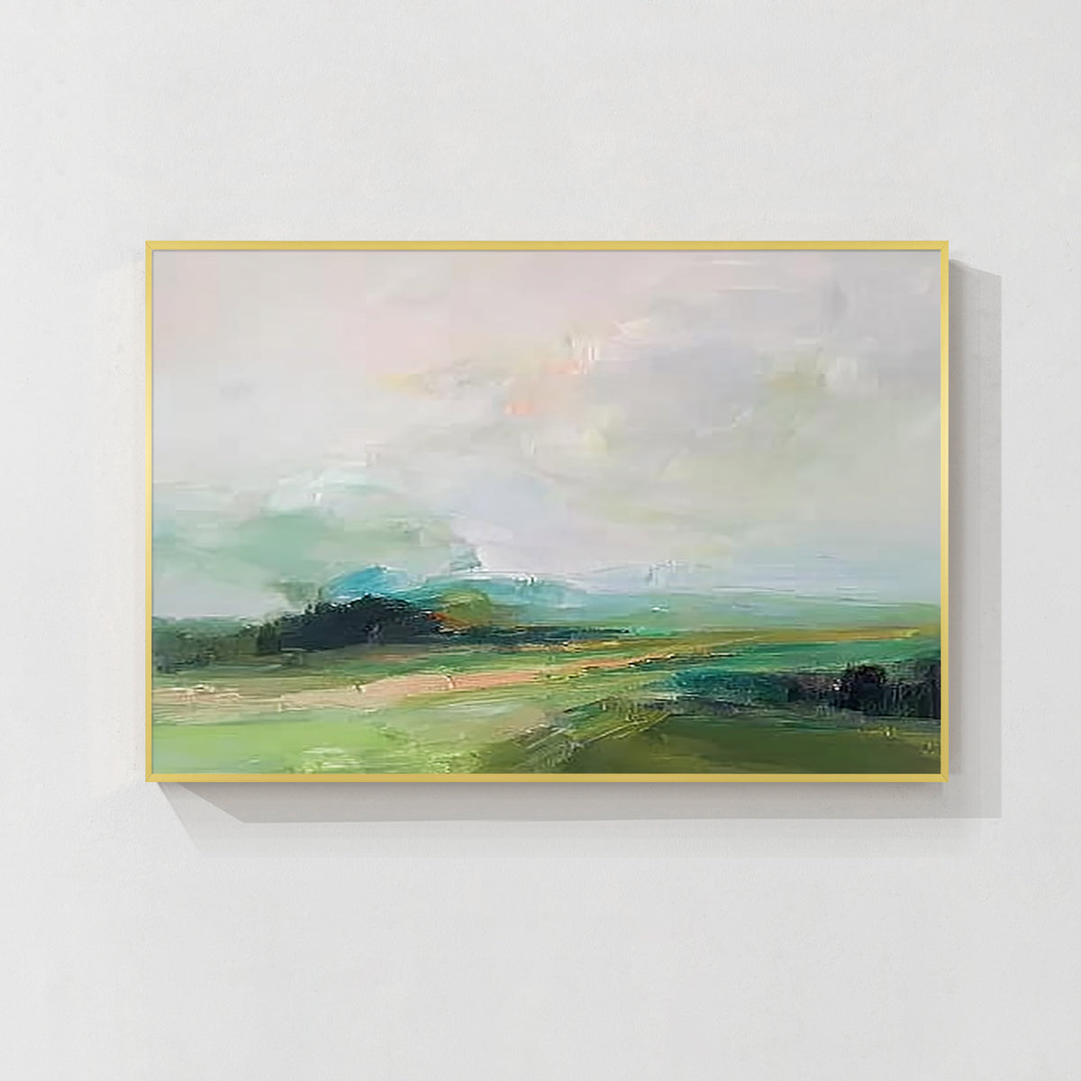 柔らかな緑の抽象風景画、手描きの自然ウォールアート