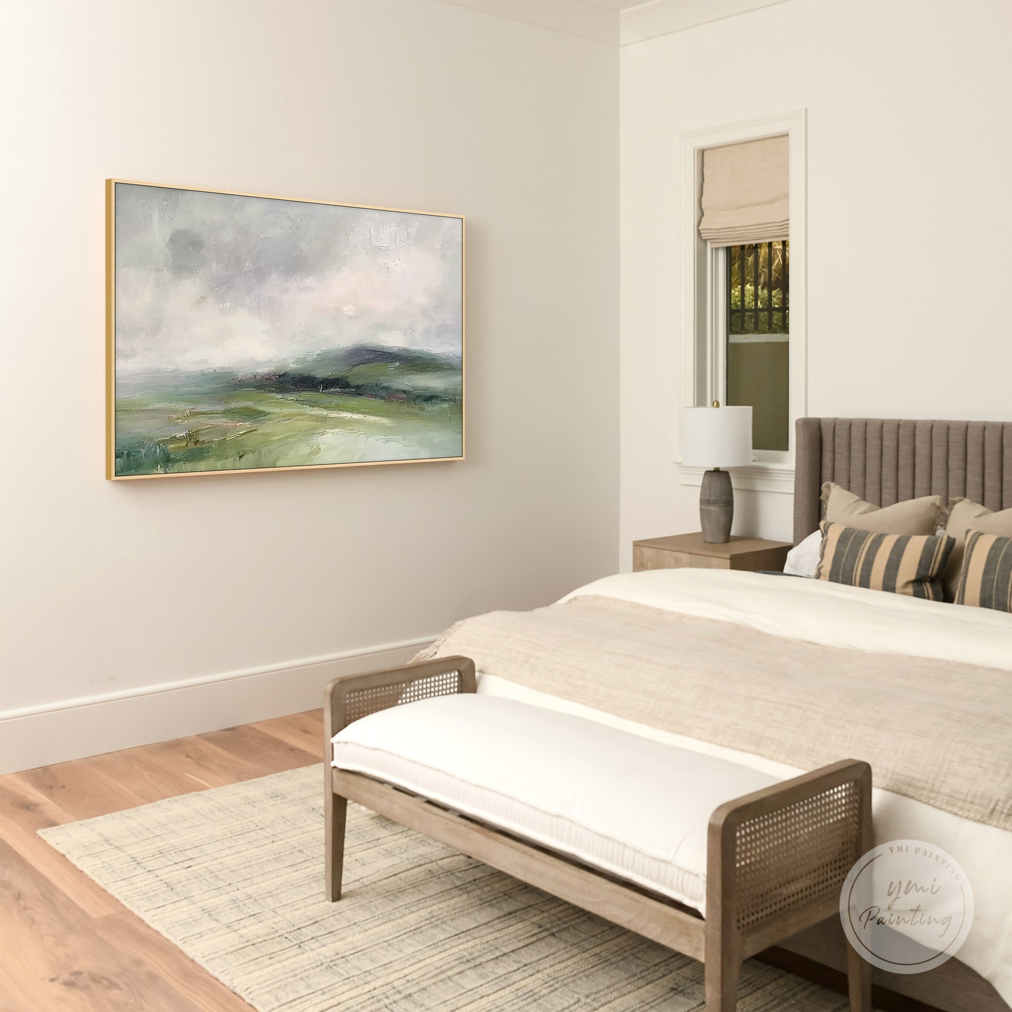 Horizontal abstract green landscape canvas art displayed in a modern bedroom setting