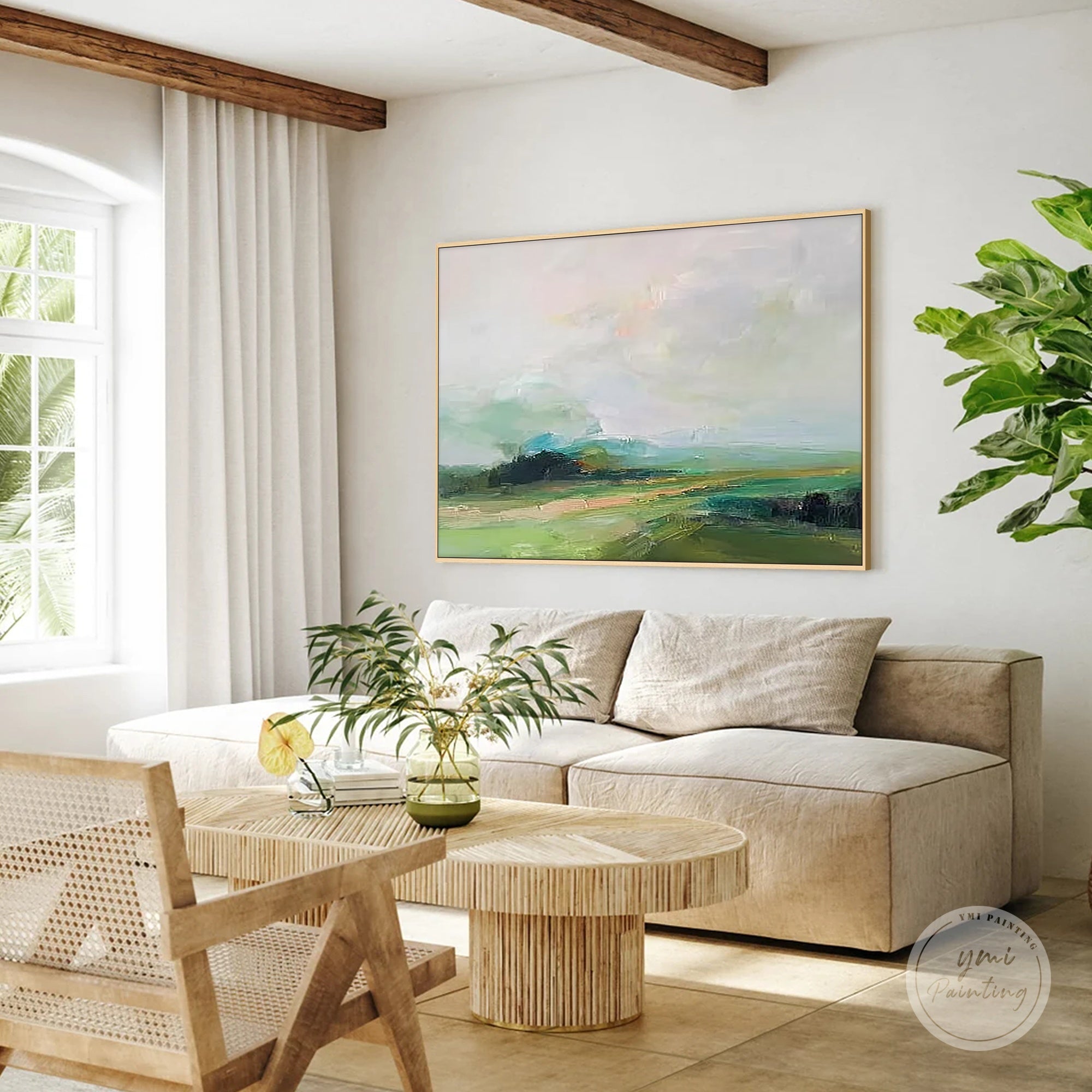 Hand painted soft green abstract landscape painting displayed in a modern living room
