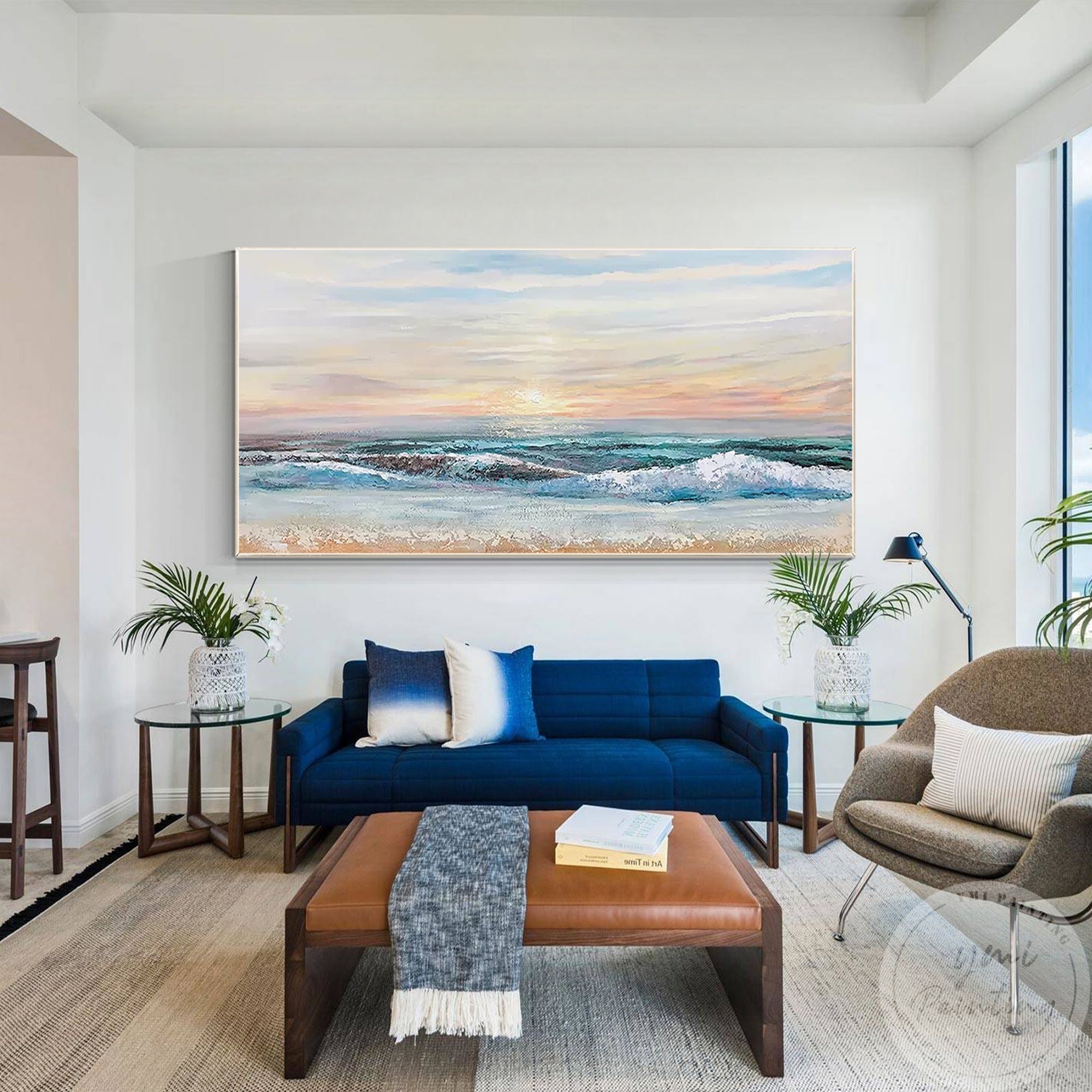 A soft pastel beach sunset painting with a minimalist design adds coastal charm and tranquility to modern home decor.