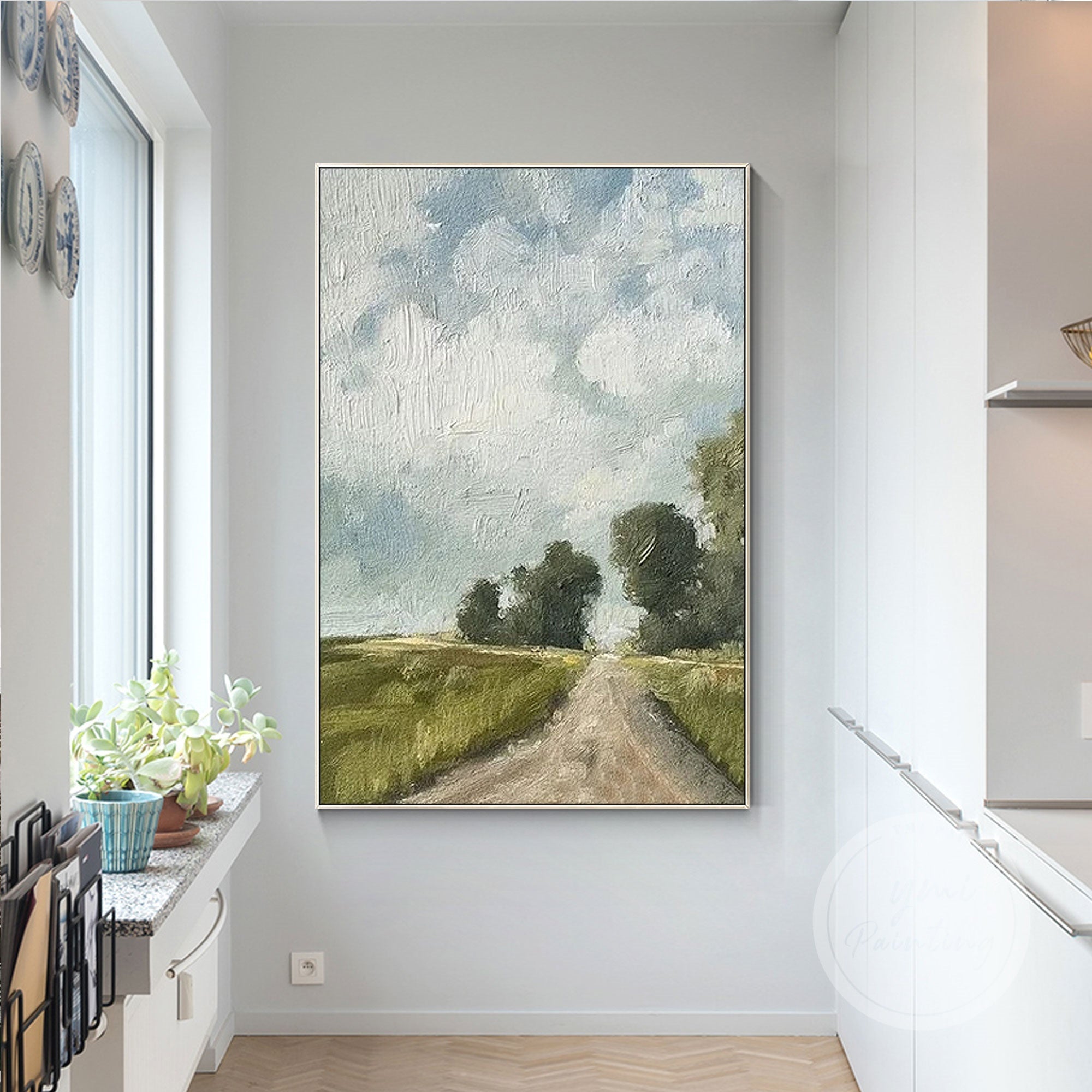 Soft overcast country road oil painting with detailed brush strokes