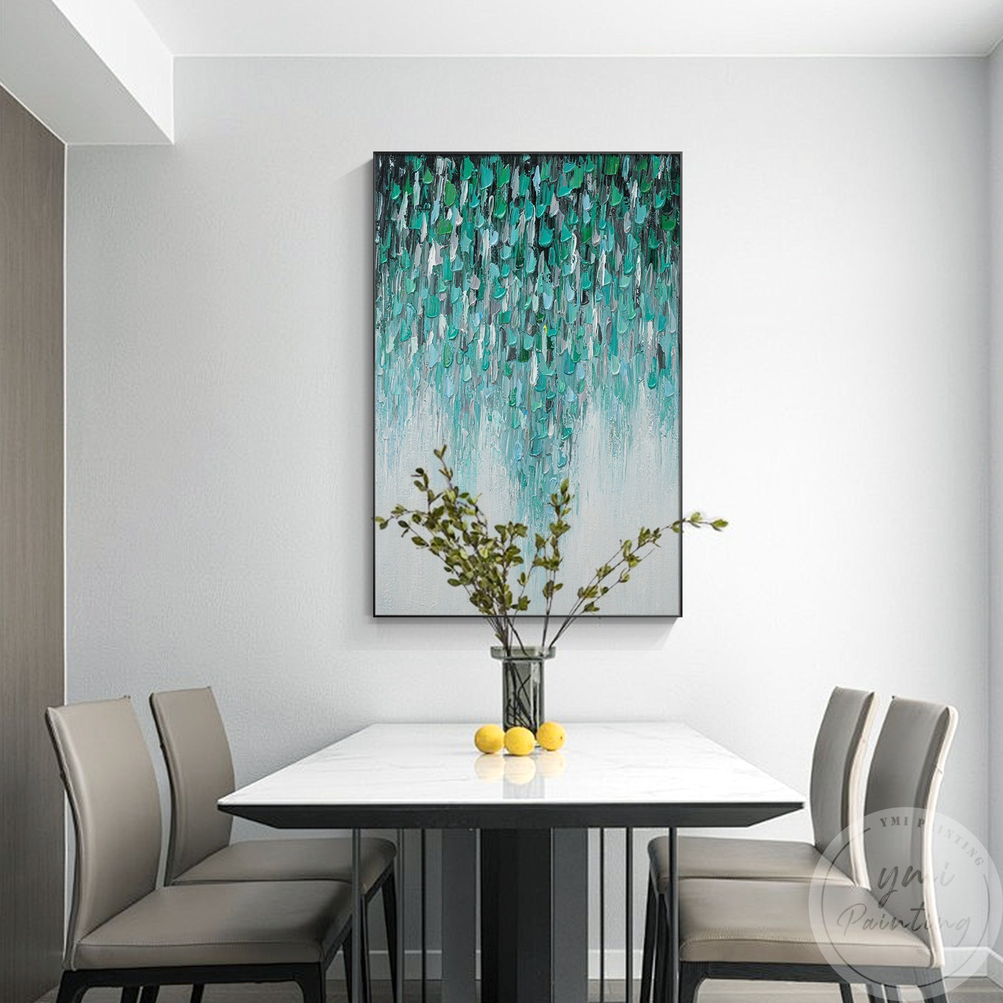 Elegant abstract wall painting like falling raindrop impressions.