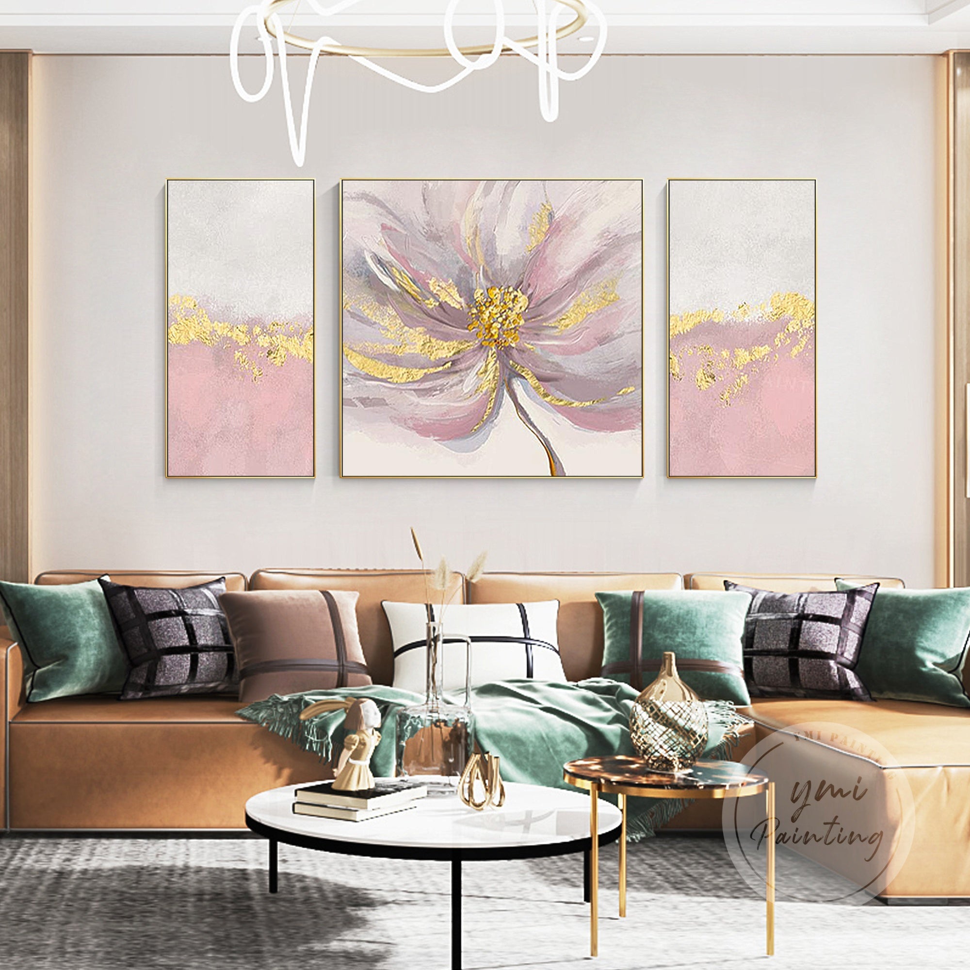 This chic 3-piece floral wall art set features soft pink and gray tones enhanced by gold accents, perfect for a sophisticated master bedroom