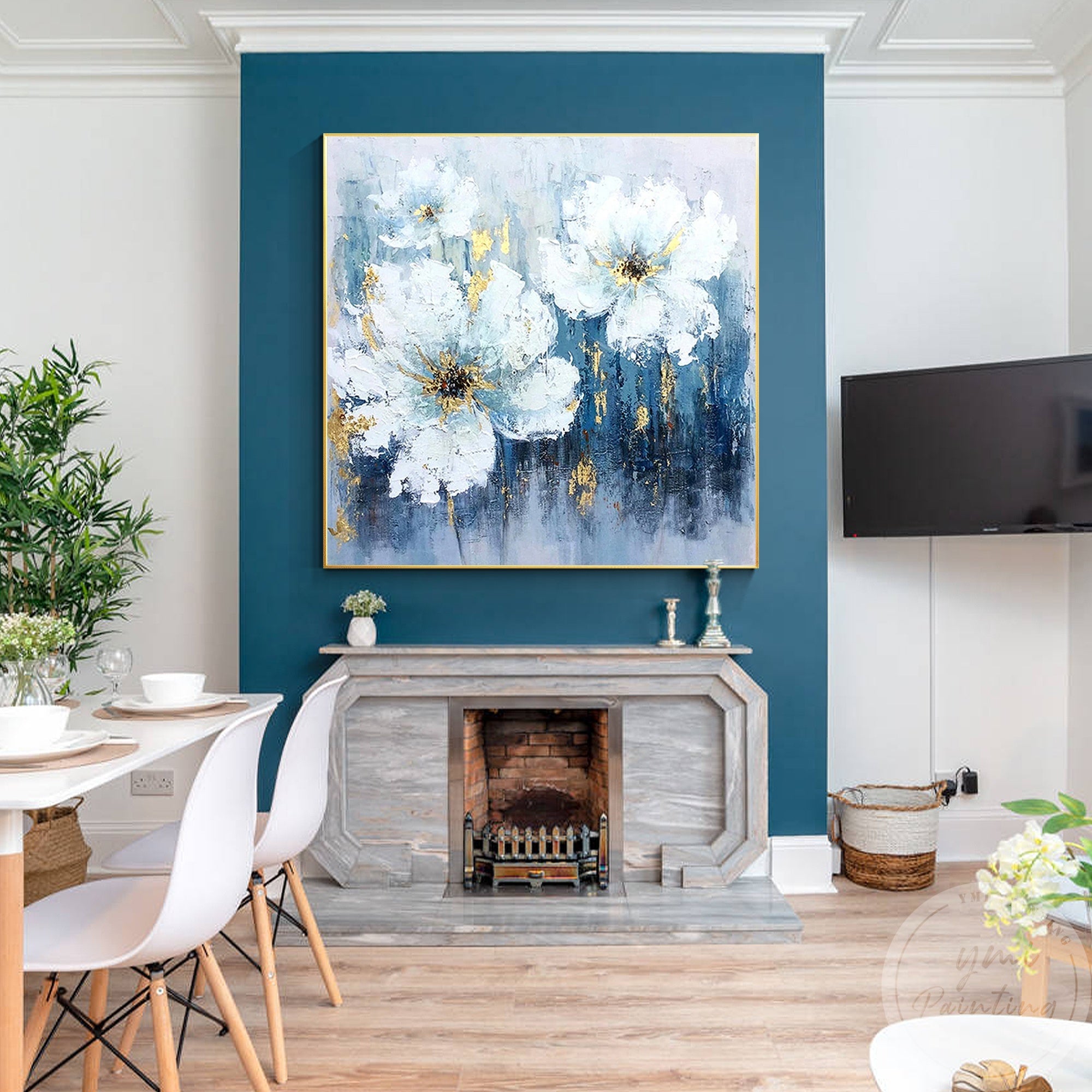 This abstract floral painting combines white flowers, gold accents, and a soft color palette, perfect for dining room decor.