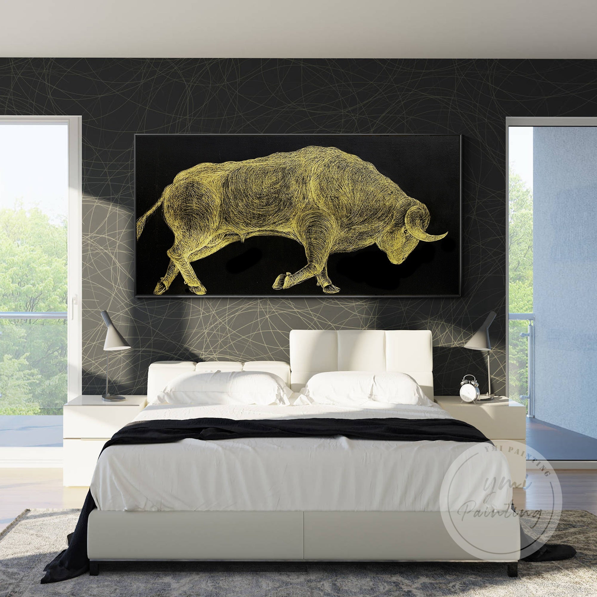 Sophisticated golden bull art with black backdrop for contemporary interiors