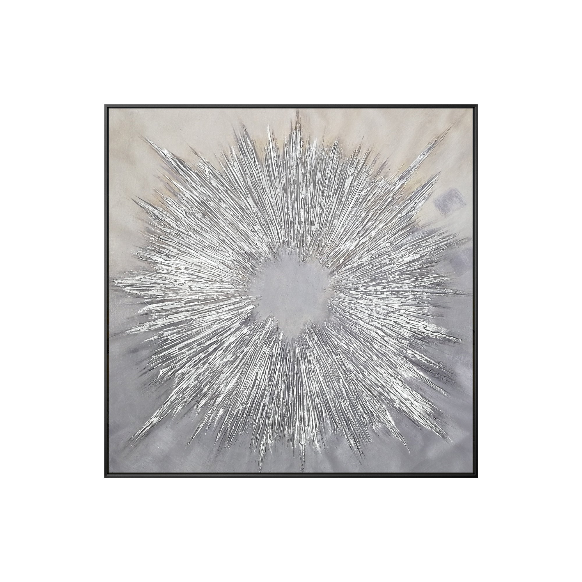 Abstract silver leaf soundwave rays painting with textured accents in a black frame.