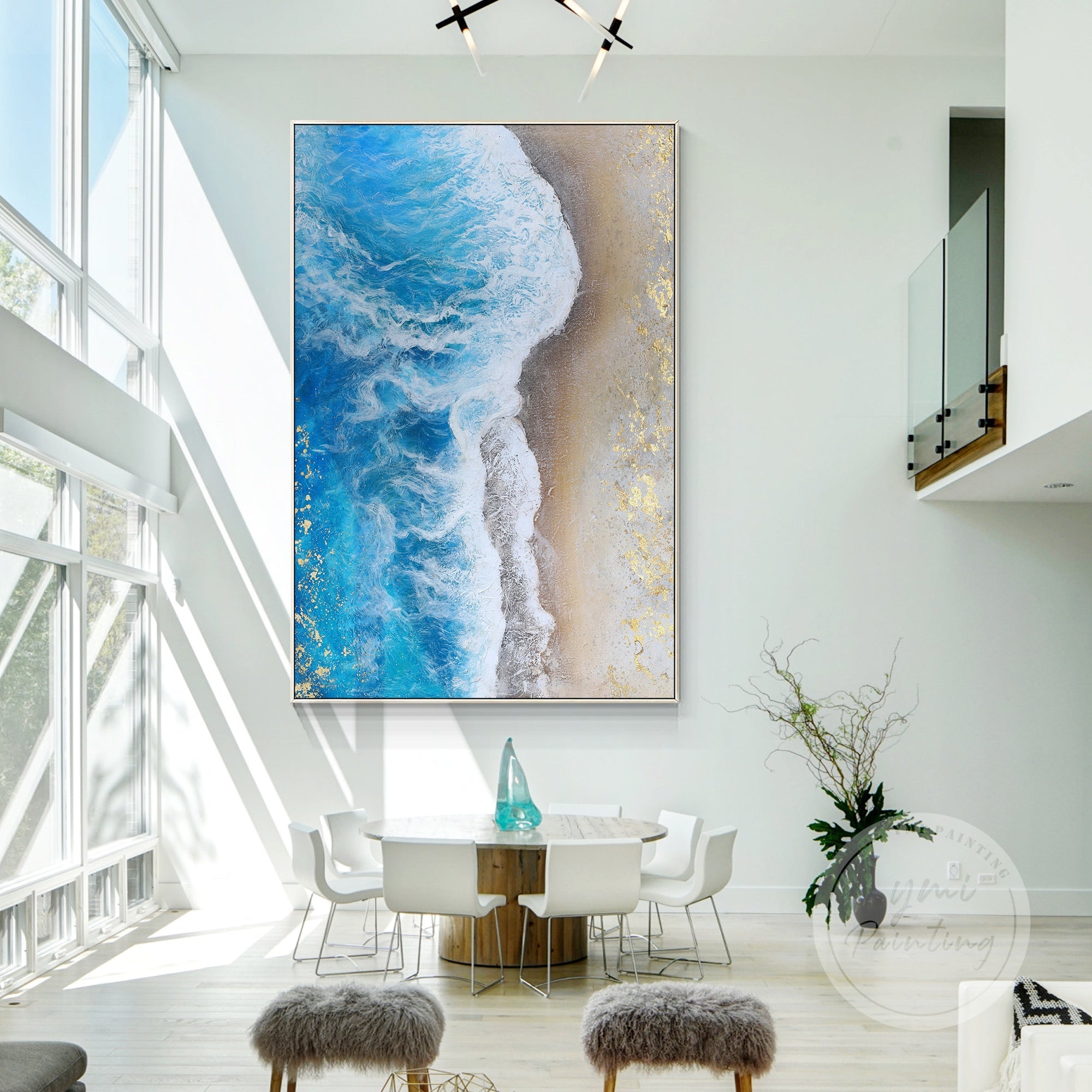 Sparkling ocean waves and sand abstract painting for decor
