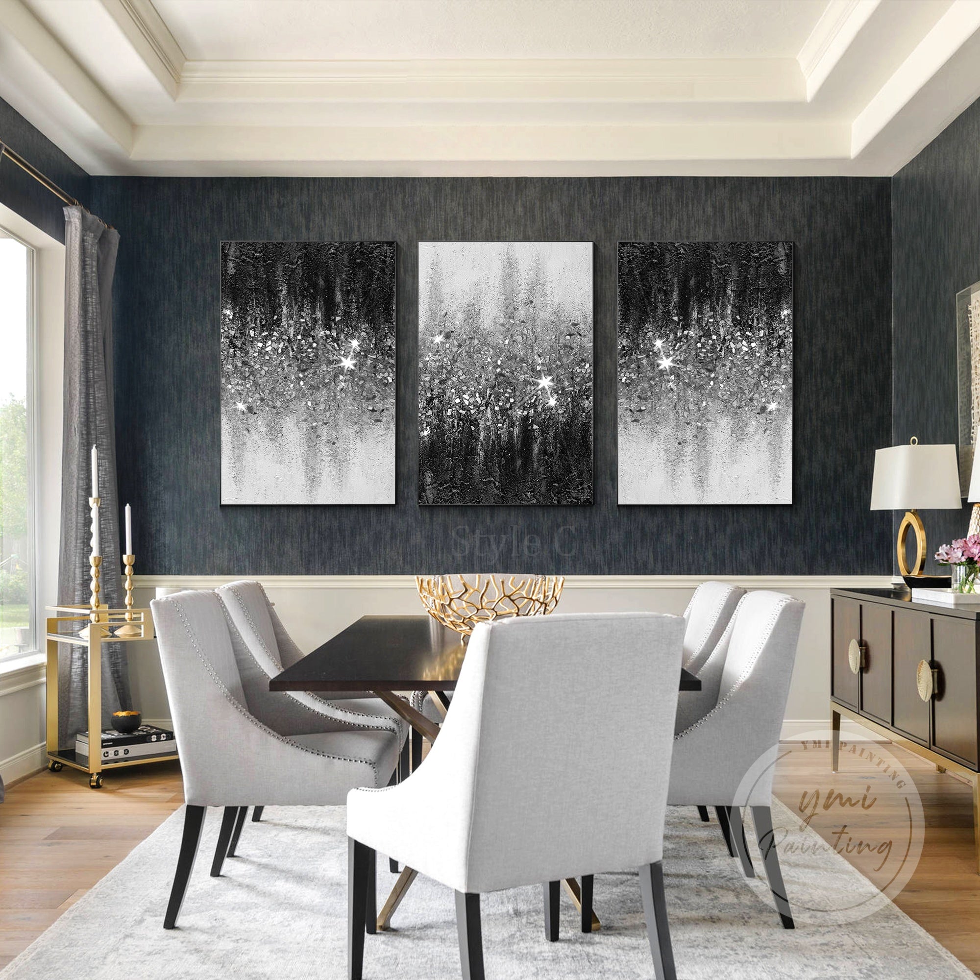 Shimmering abstract black and white painting with glass details for cozy dining room.
