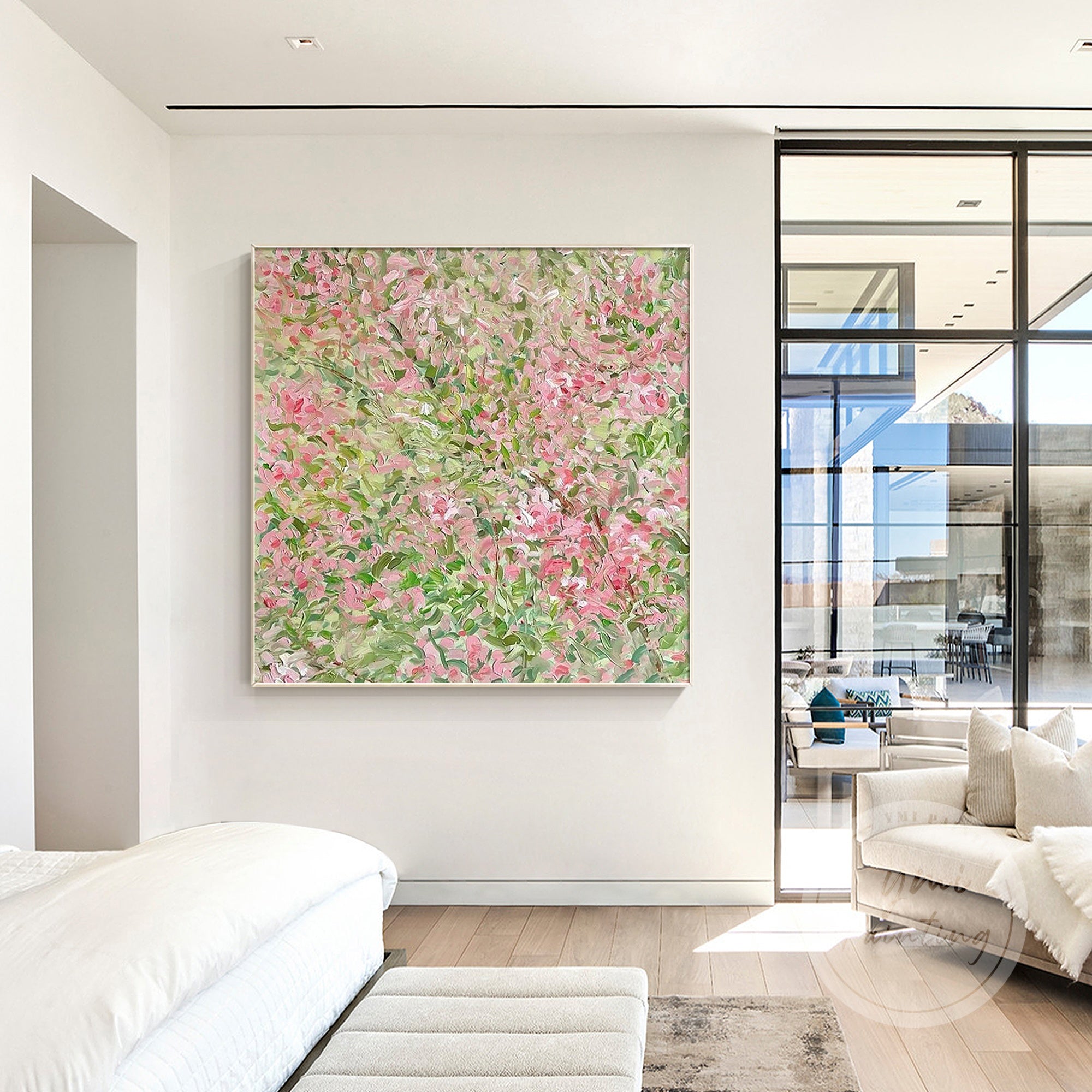 Vivid floral wall art with pink blossoms and green leaves, offering elegance and vitality to any space.