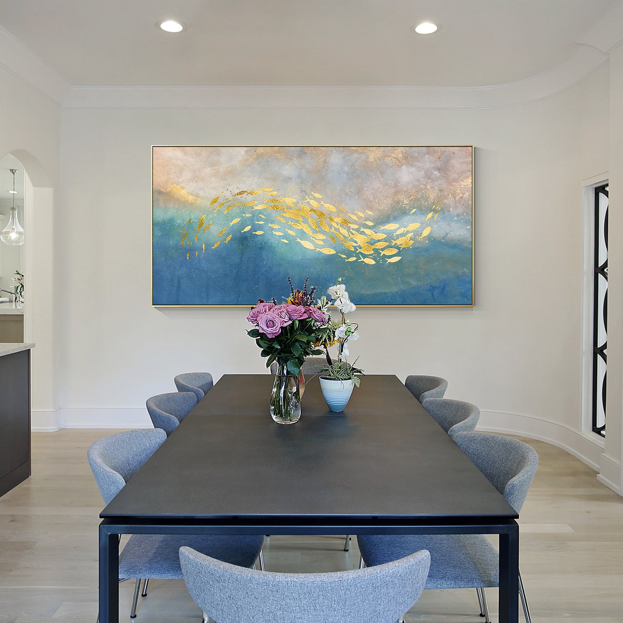 Square abstract painting with aligned golden fish on a champagne and blue background with subtle sparkle