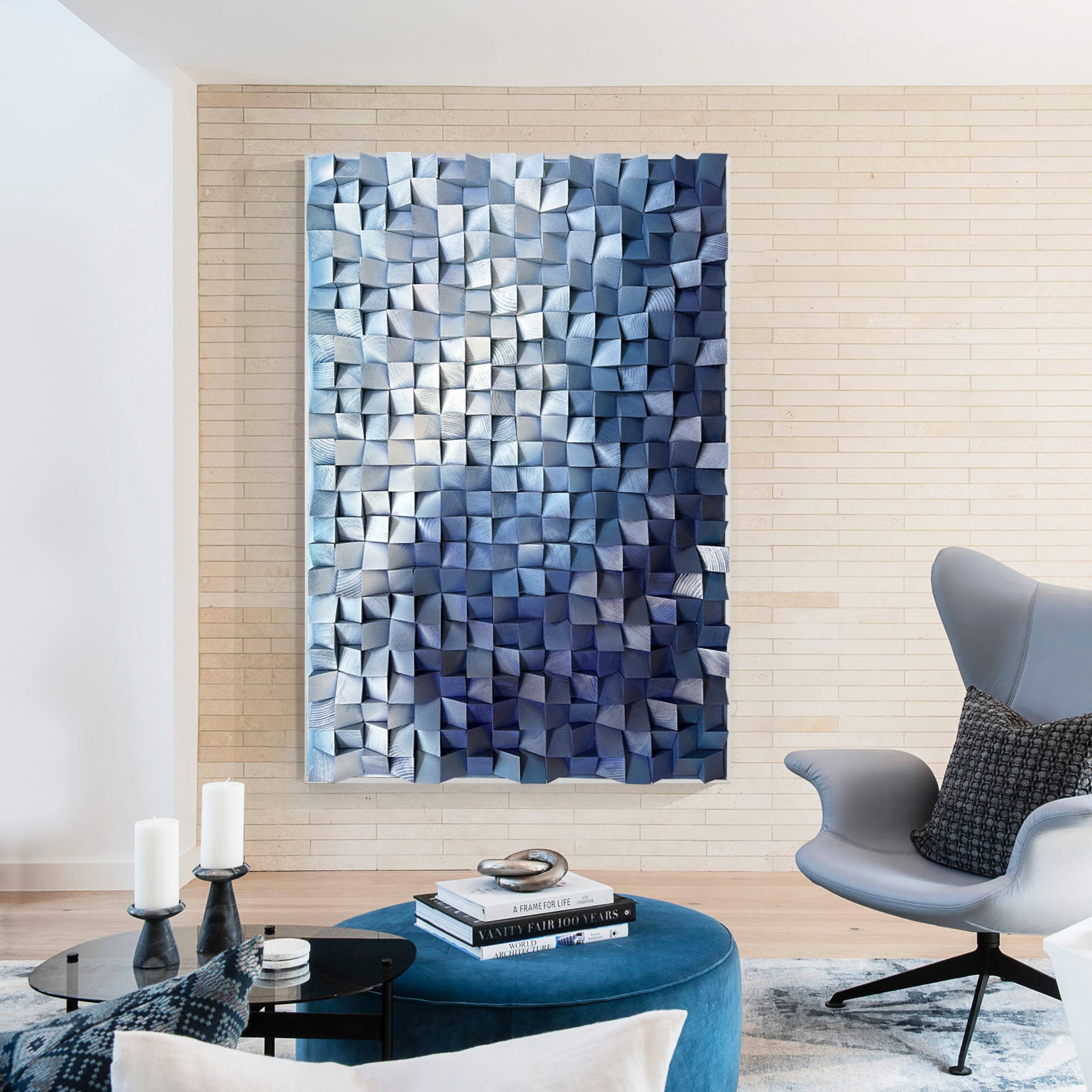 Hyper-realistic 3D block art with a gradient of blue wood, set against a light background for striking visual contrast.