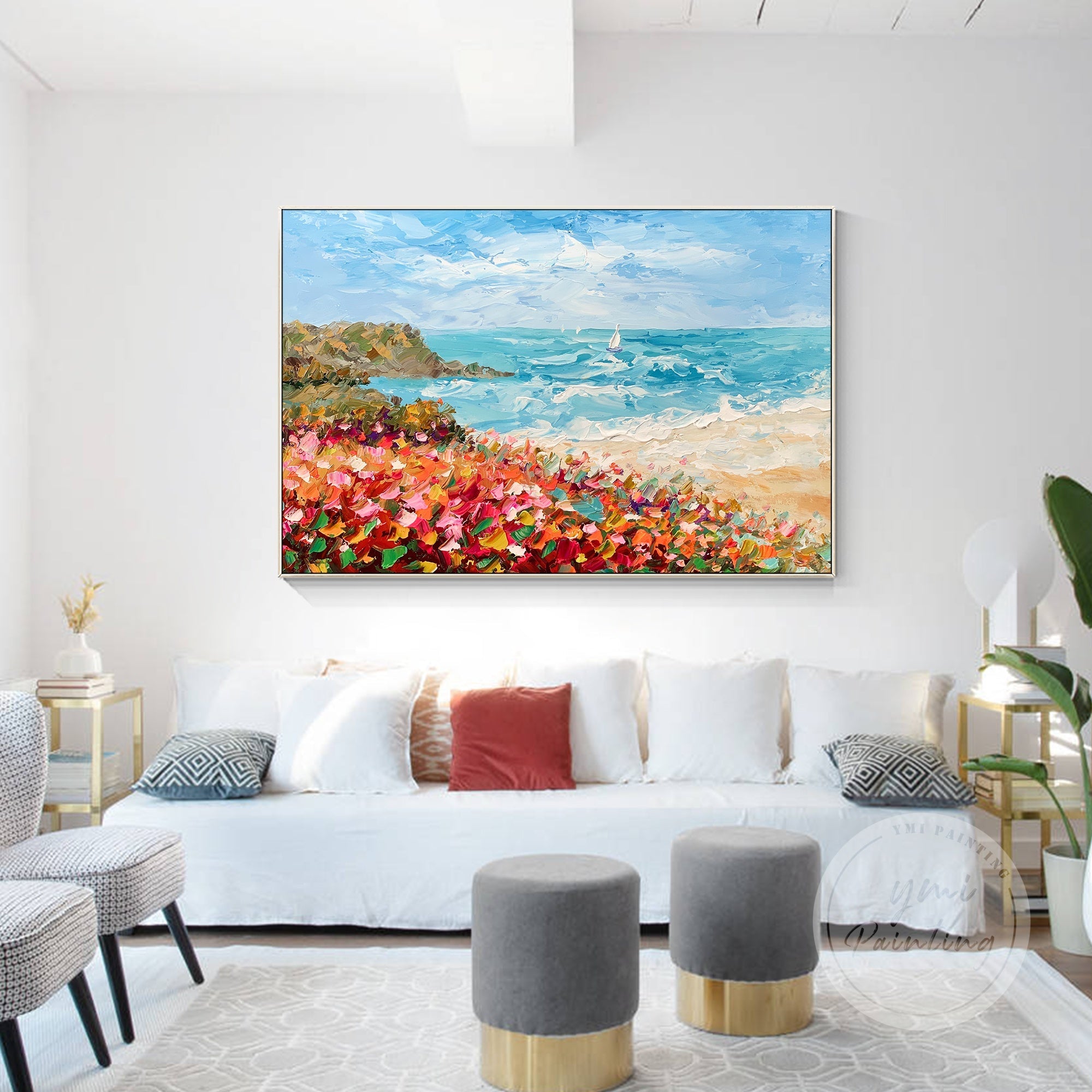 Abstract seascape with bold brushstrokes depicting flowers along the shore and the motion of ocean waves in an elegant living room.
