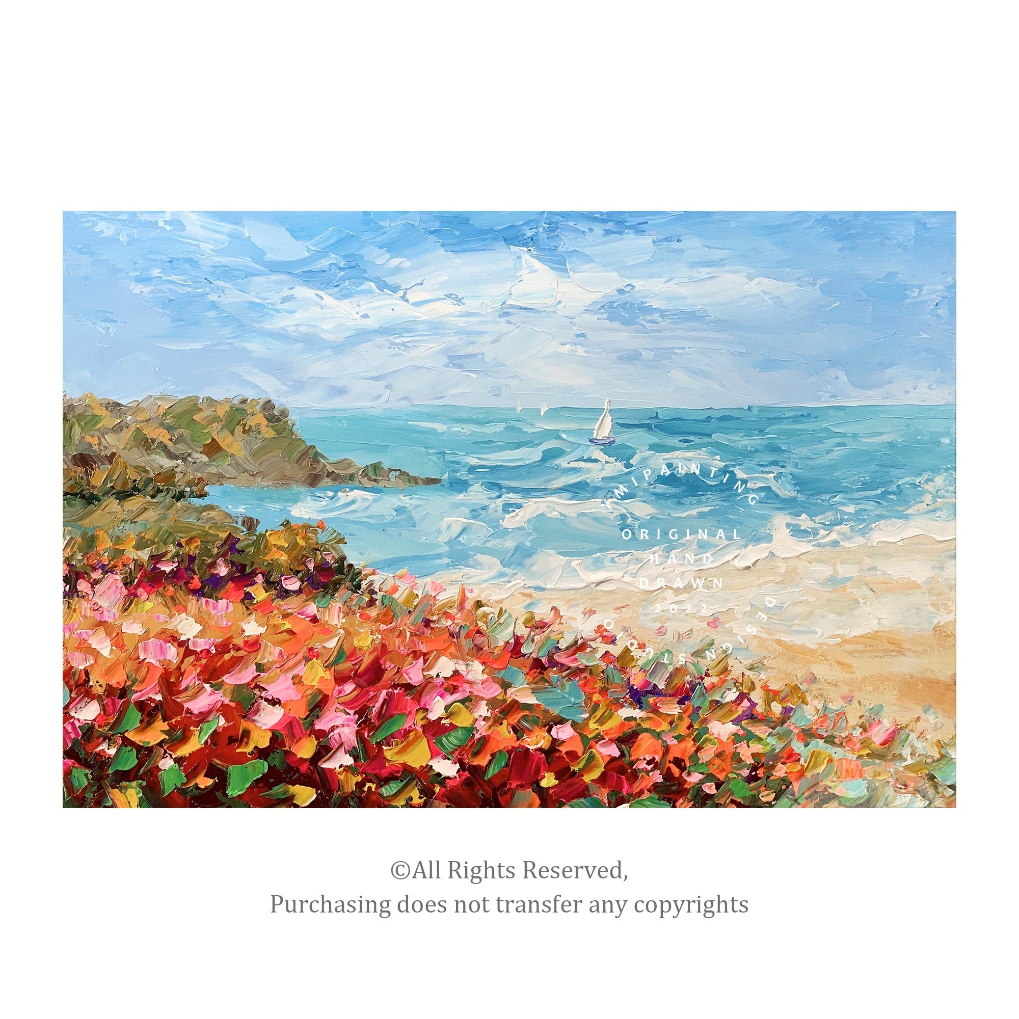 This sunny beach landscape with colorful flowers and ocean views creates a warm and welcoming ambiance.