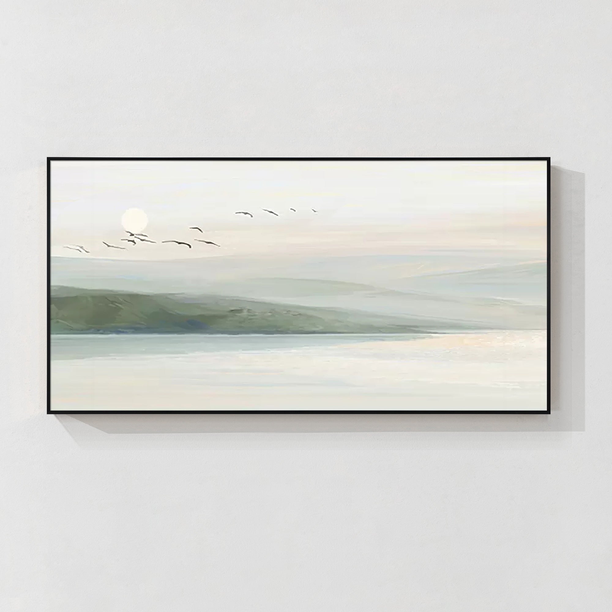 Minimalist landscape painting with soft pastel tones and birds gliding above calm waters.