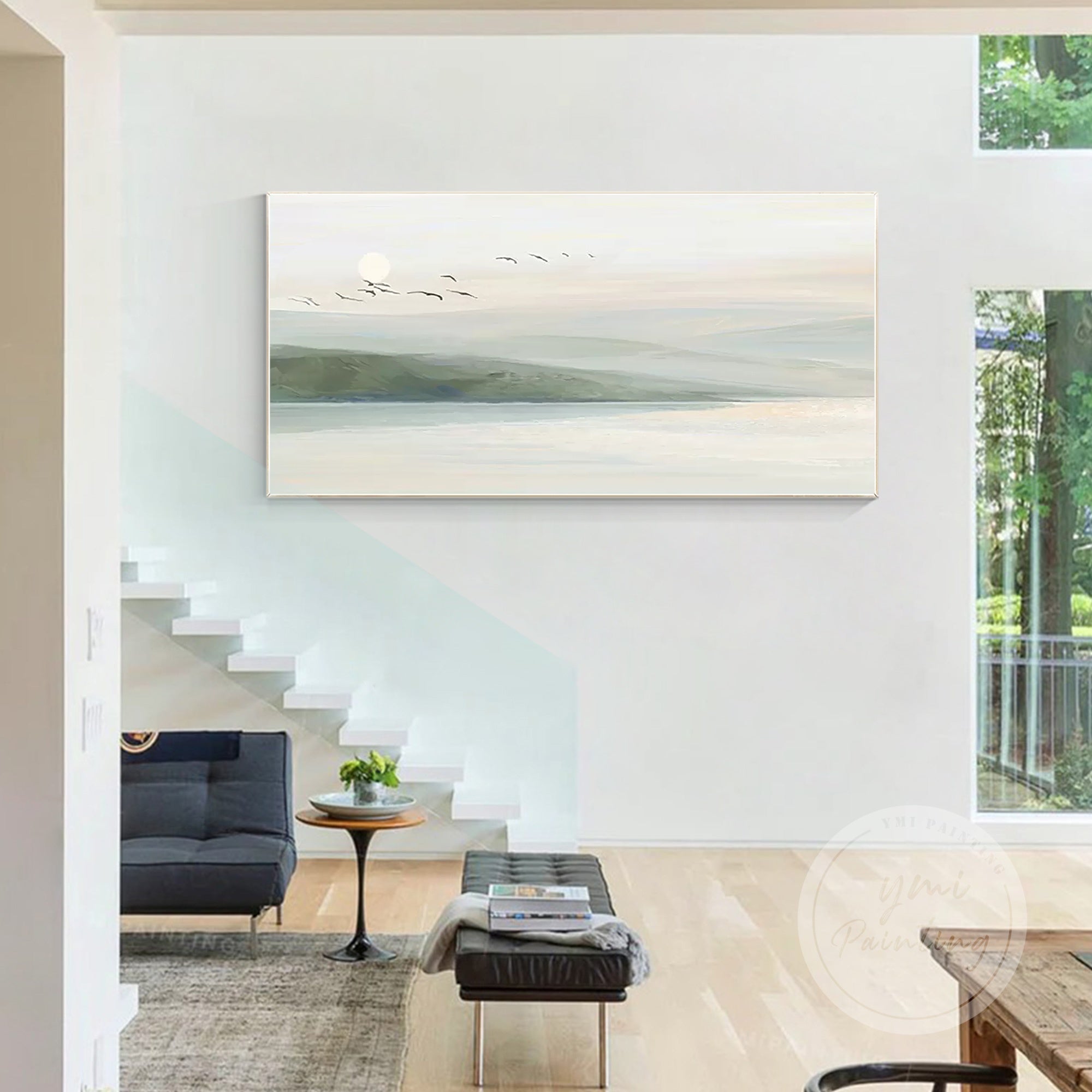 Minimalist landscape painting with soft pastel tones and birds gliding above calm waters.