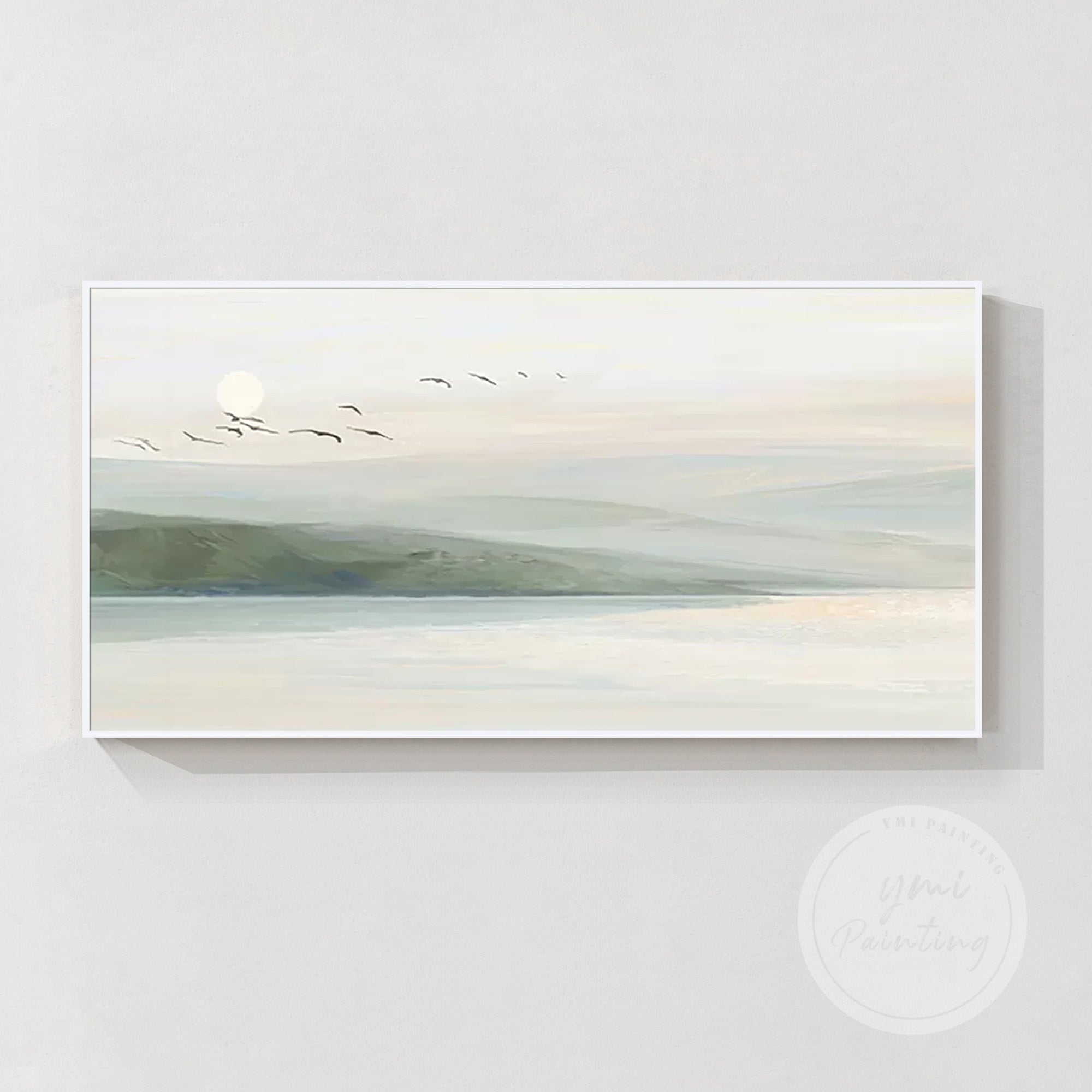 Minimalist art featuring rolling hills and calm waters, with birds flying in a peaceful sky in a white frame.