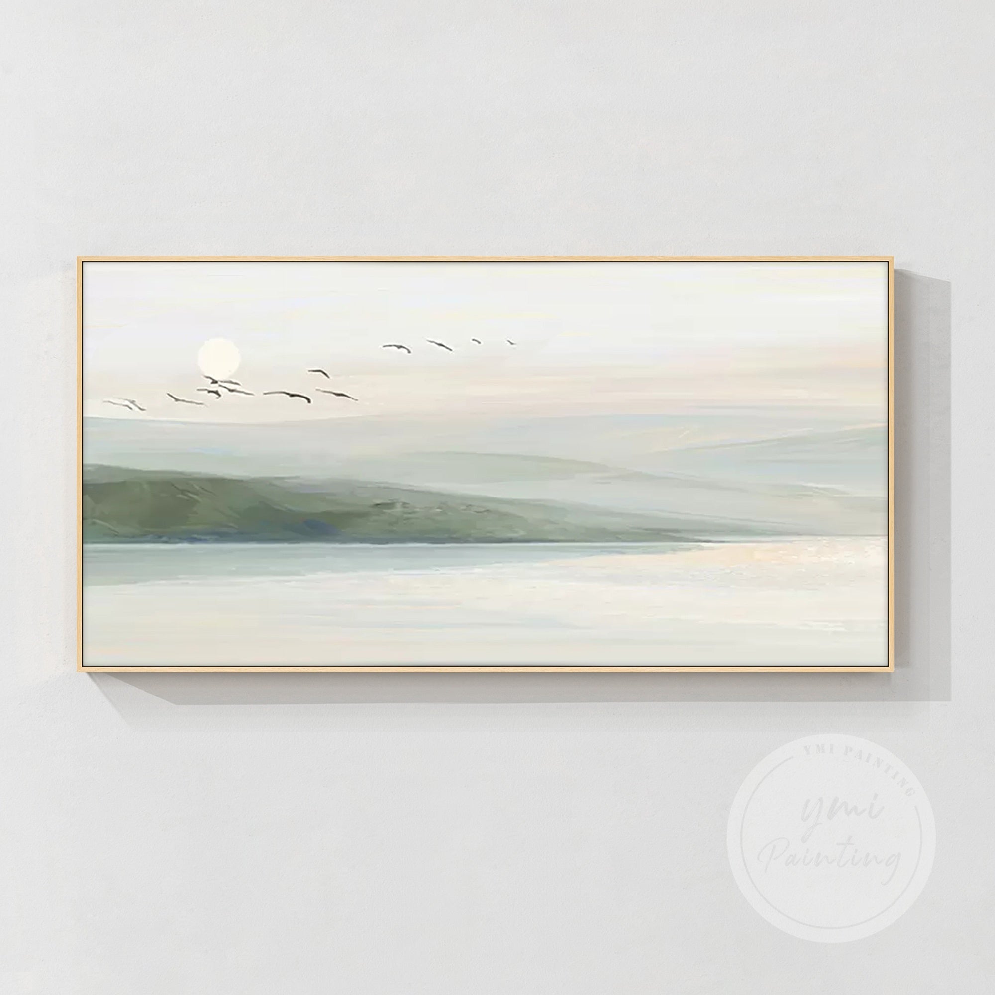 Tranquil landscape artwork with birds and calm waters in light green and soft gray tones in a wood color frame.