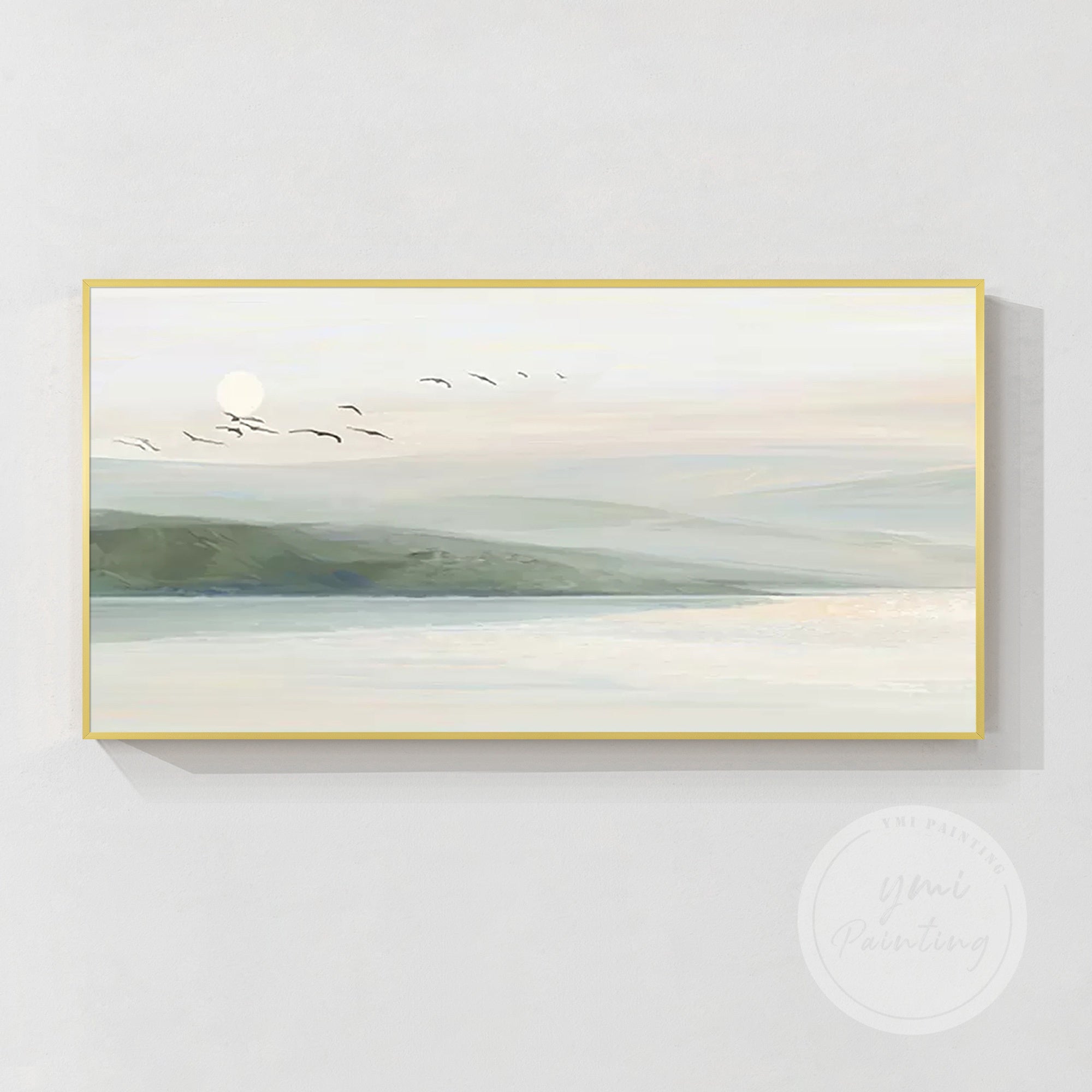 Tranquil landscape artwork with birds and calm waters in light green and soft gray tones in a golden frame.