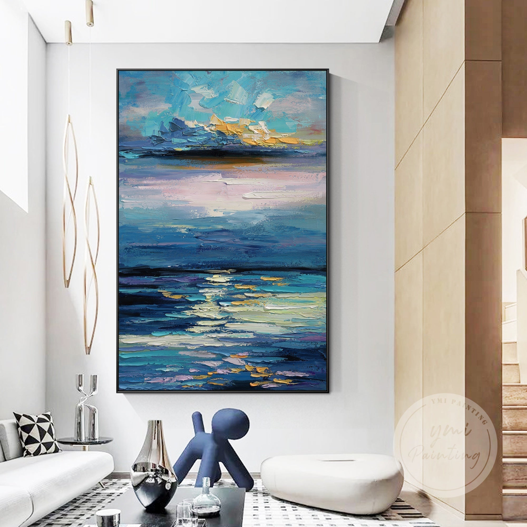Abstract ocean sunset painting with thick brushstrokes