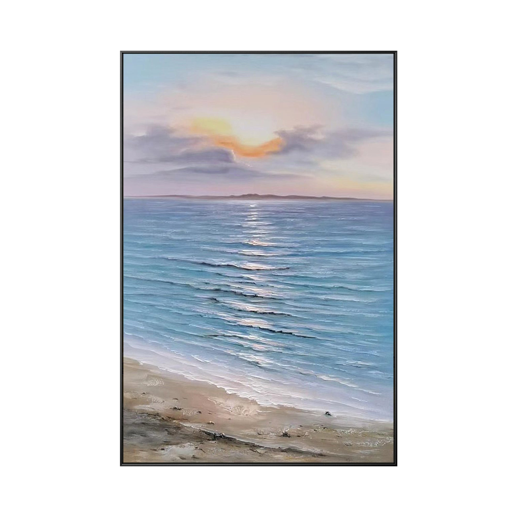 Sunset Seascape Painting, Soft Blue Ocean Wall Art for Living Room