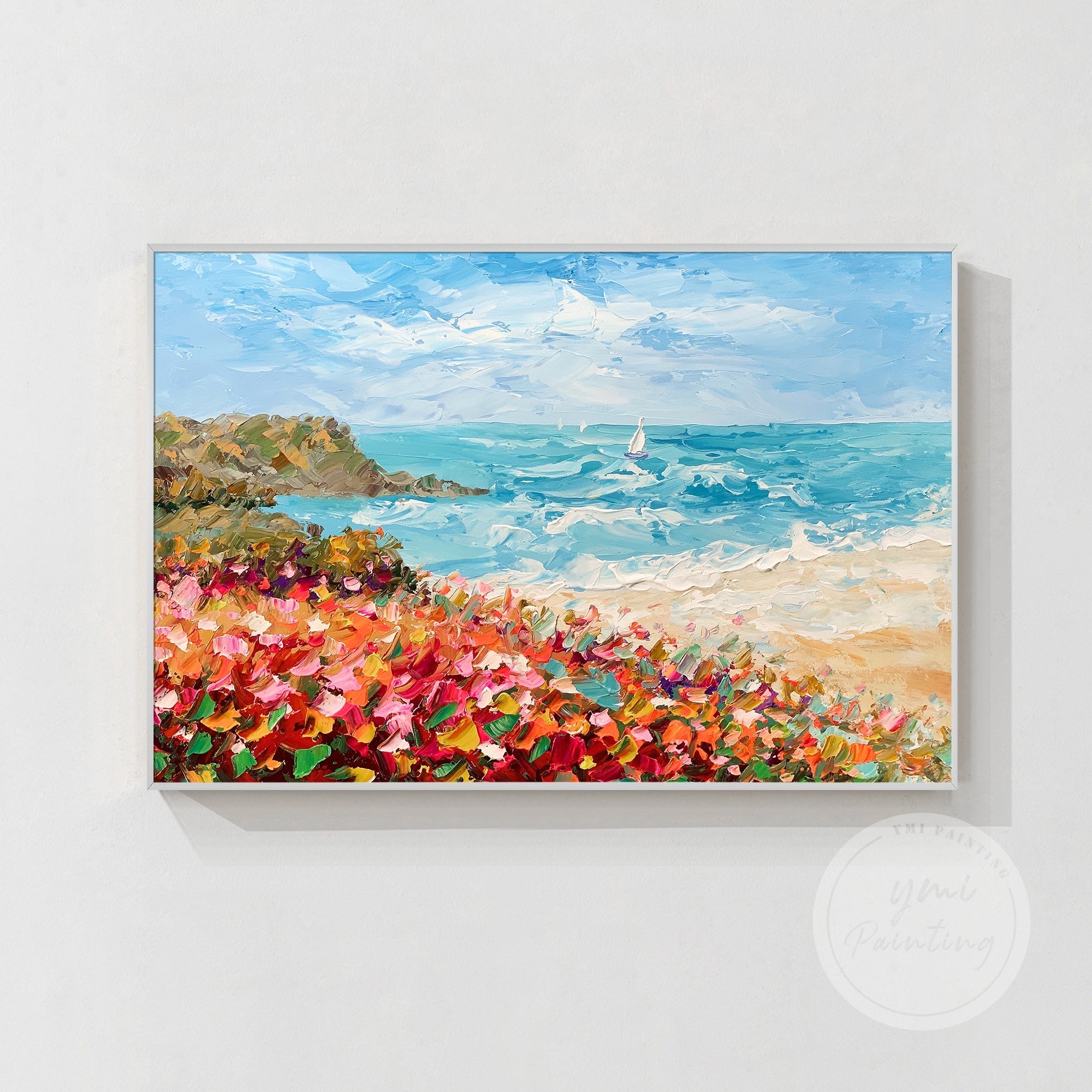 Sunshine-infused abstract painting with lively flowers, ocean waves, and a sailboat, bringing a summer vibe to your space.